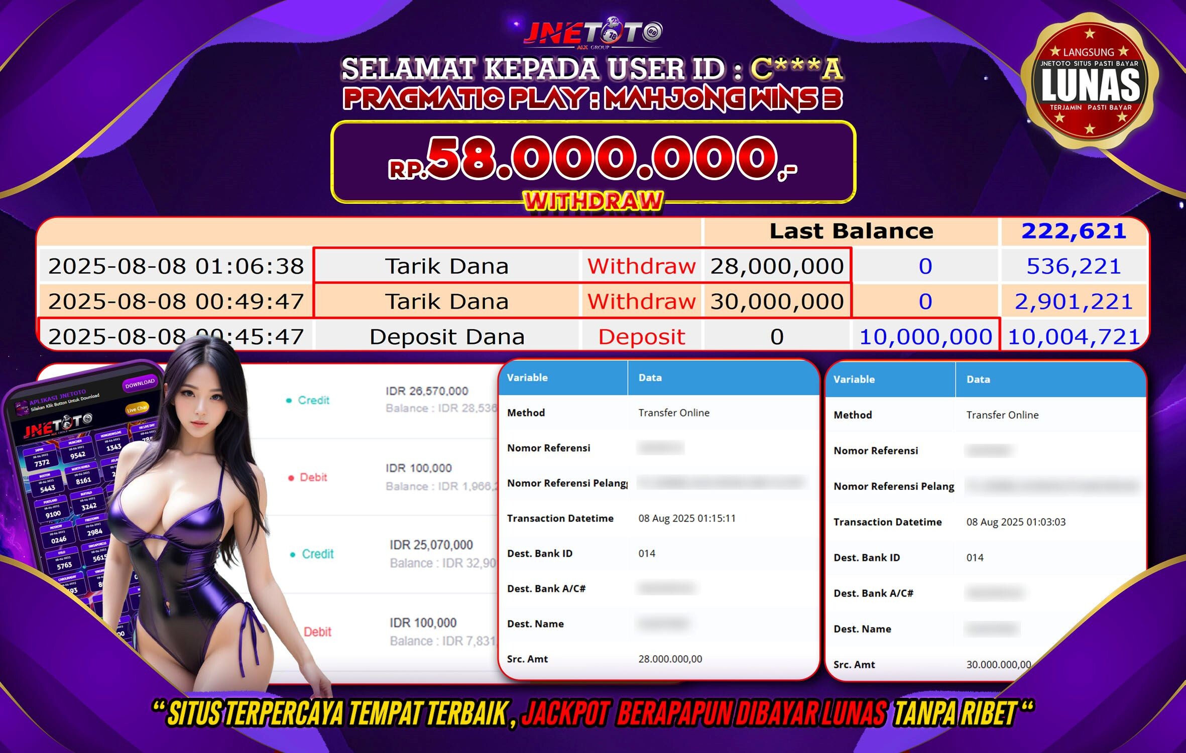 Bukti Jackpot JNETOTO di Pragmatic Play :  Mahjong Wins 3 Rp 58.000.000 LUNAS!