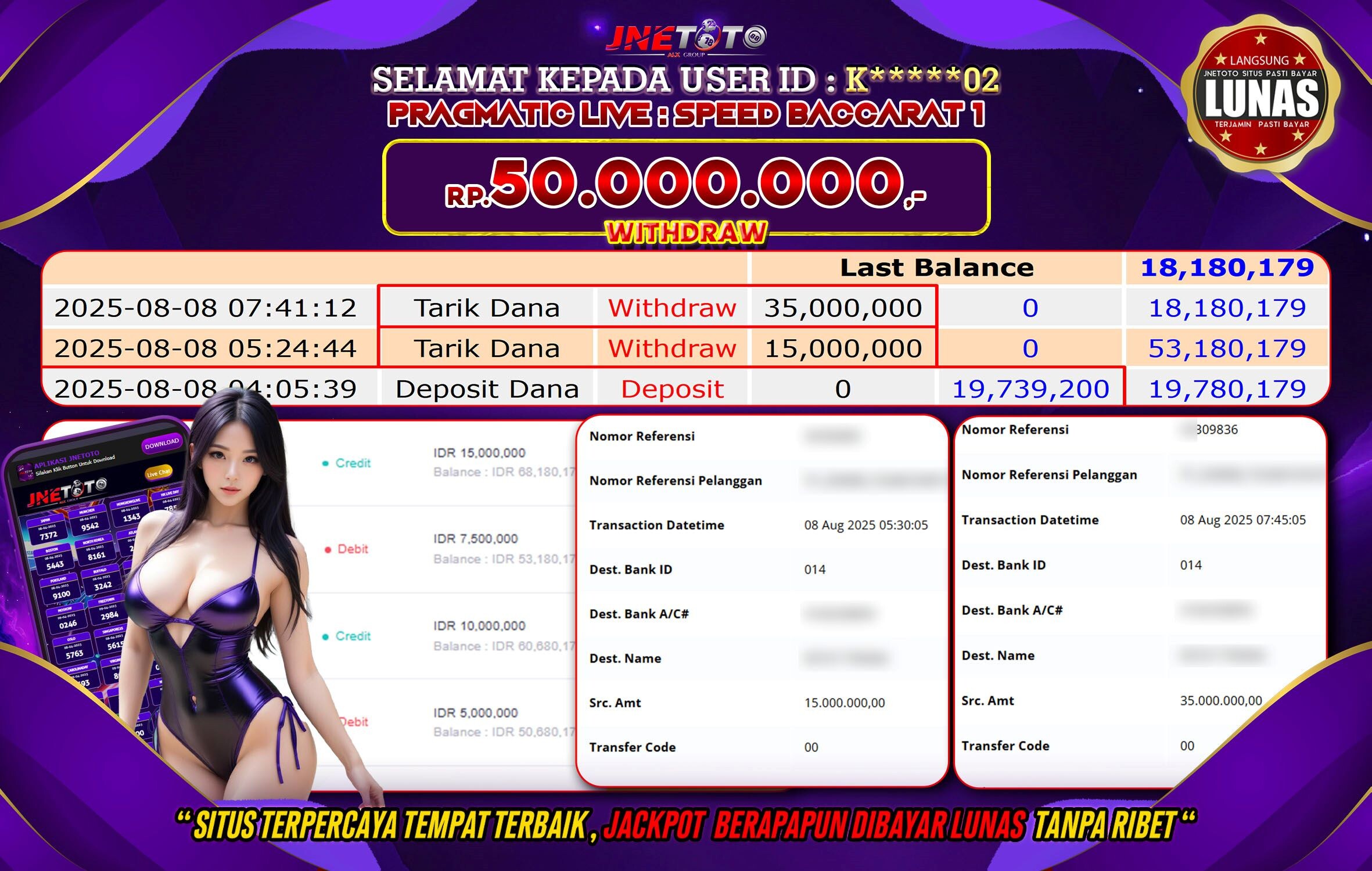 Bukti Jackpot JNETOTO di Pragmatic Live :  Speed Baccarat 1 Rp 50.000.000 LUNAS!