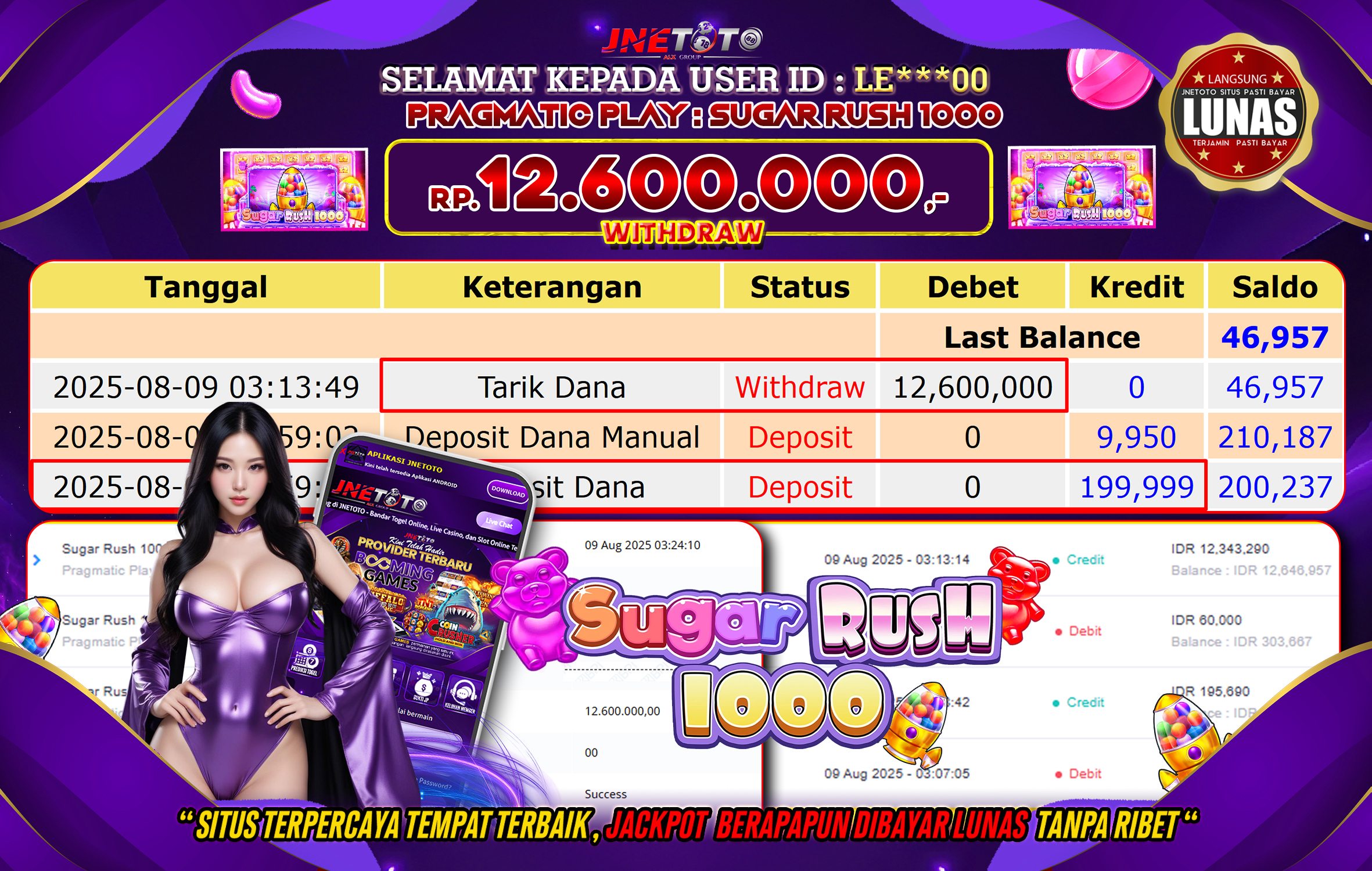 Bukti Jackpot JNETOTO di Pragmatic Play :  Sugar Rush 1000 Rp 12.600.000 LUNAS!
