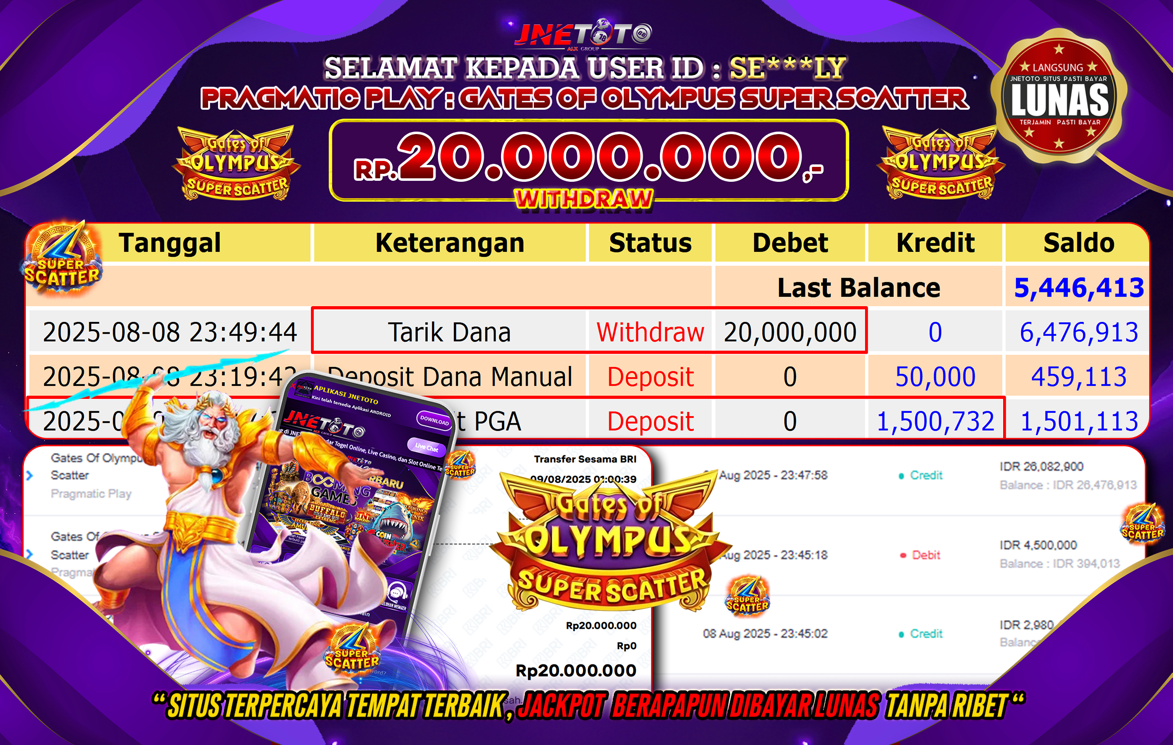 Bukti Jackpot JNETOTO di Pragmatic Play :  Gates Of Olympus Super Scatter Rp 20.000.000 LUNAS!