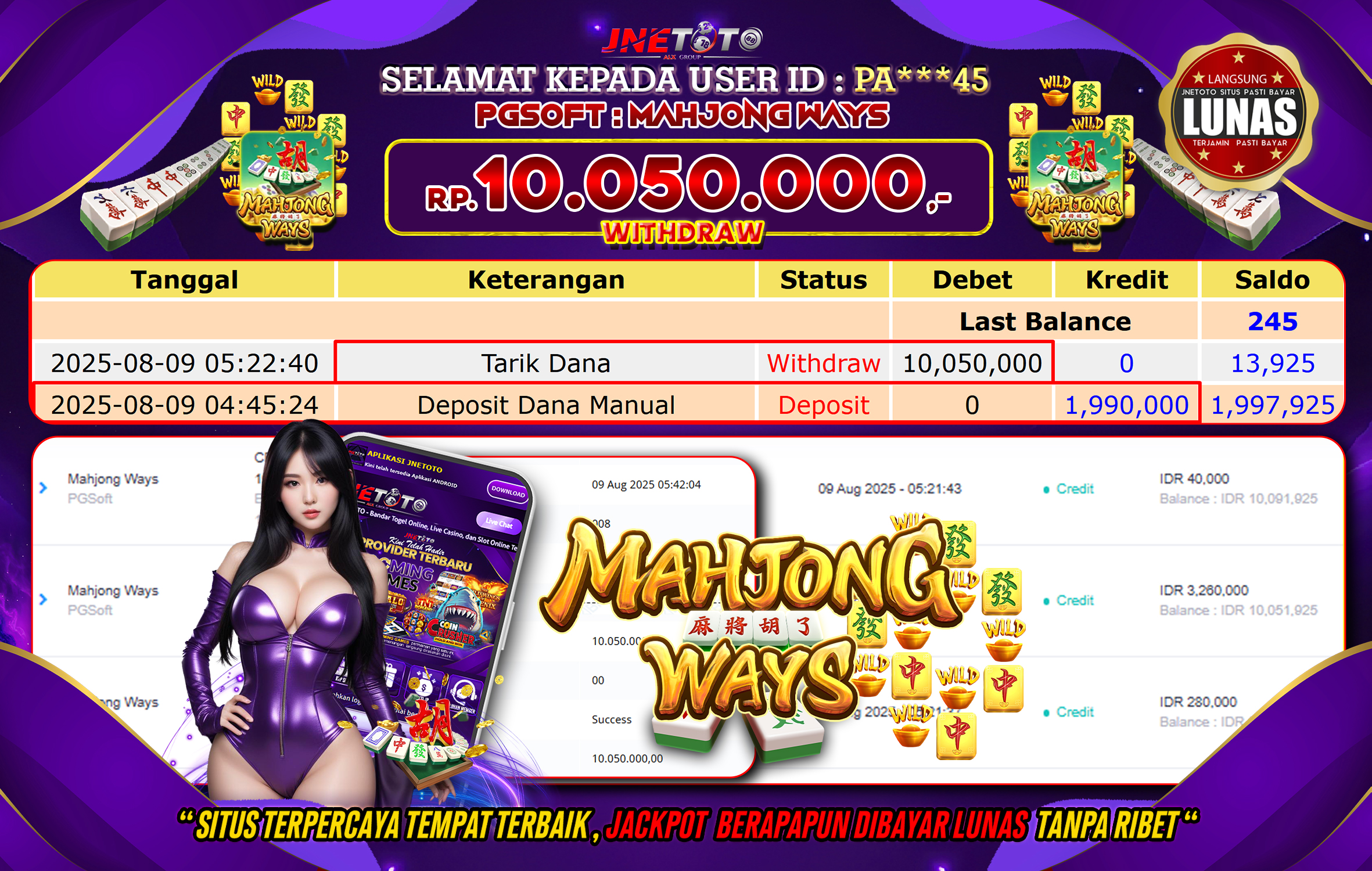 Bukti Jackpot JNETOTO di PG Soft :  Mahjong Ways Rp 10.050.000 LUNAS!