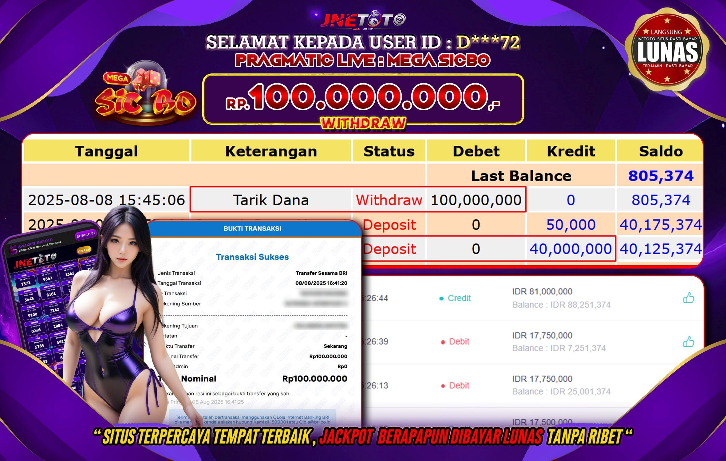 Bukti Jackpot JNETOTO di Pragmatic Live Dealer :  Mega Sicbo Rp 100.000.000 LUNAS!