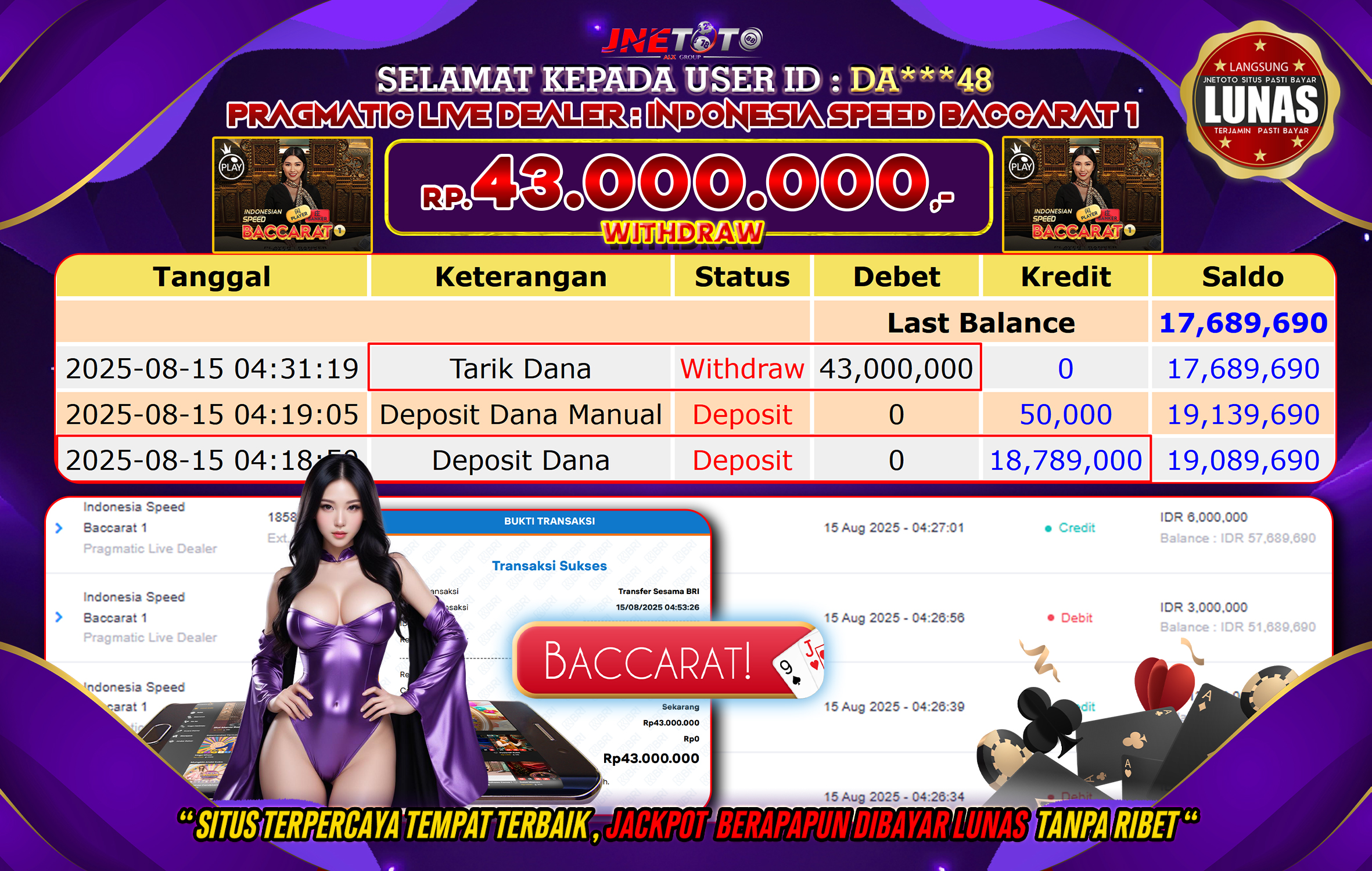 Bukti Jackpot JNETOTO di Pragmatic Live Delarer : Indonesia Speed Baccarat 1 Rp 43.000.000 LUNAS!