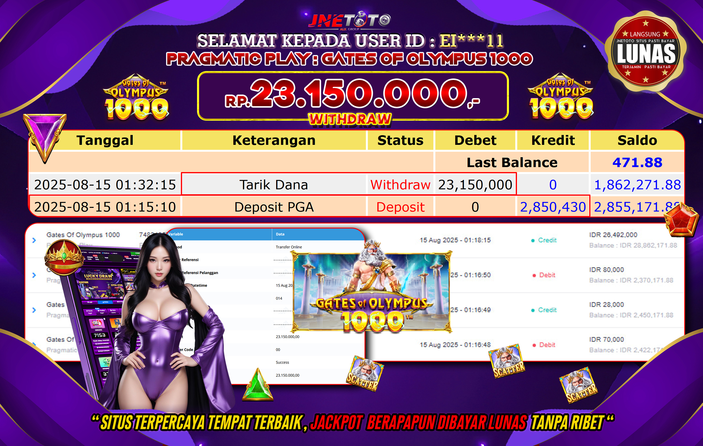 Bukti Jackpot JNETOTO di Pragmatic Play :  Gates Of Olympus 1000 Rp 23.150.000 LUNAS!