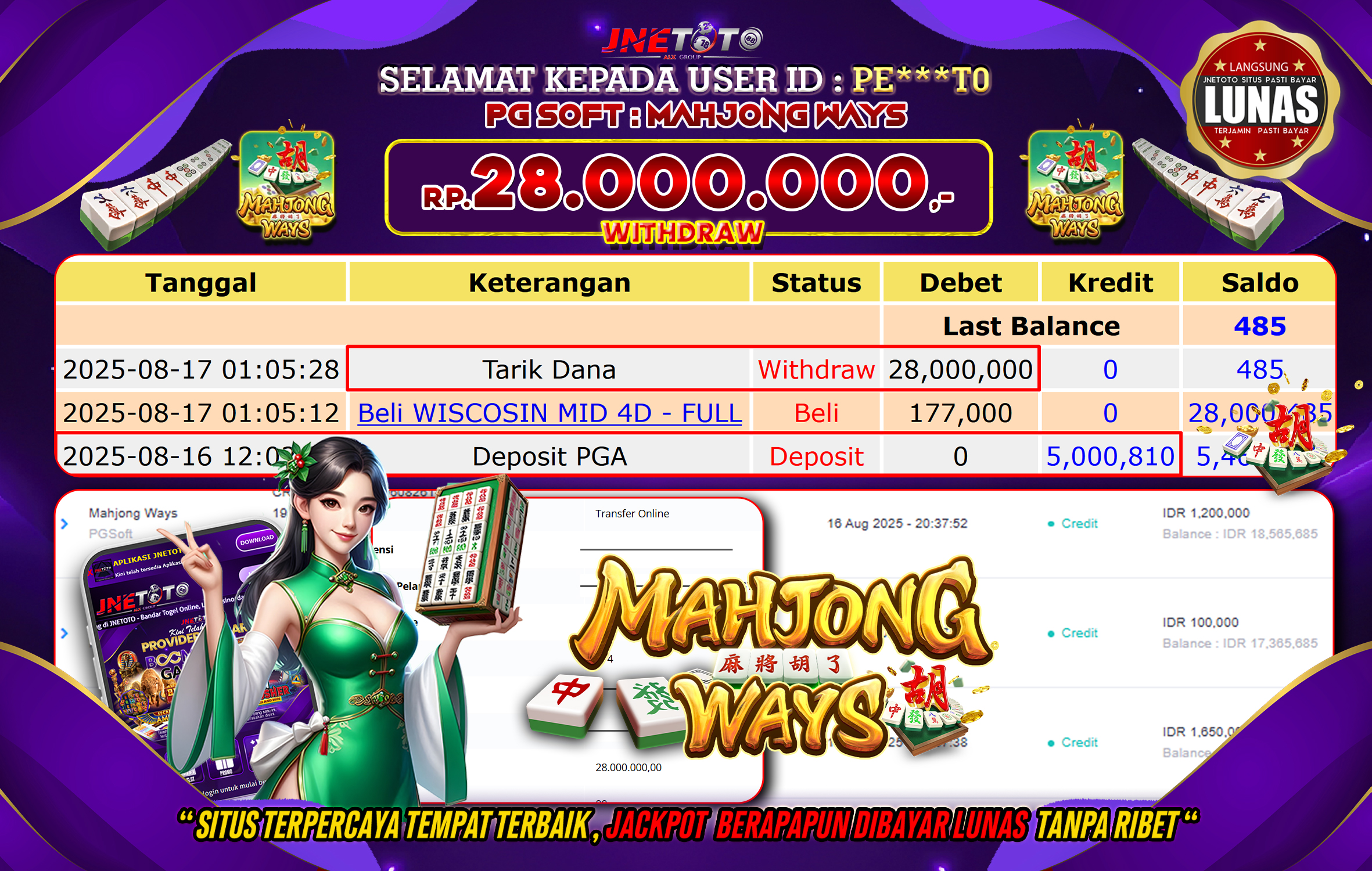 Bukti Jackpot JNETOTO di PG Soft : Mahjong Ways Rp 28.000.000 LUNAS!