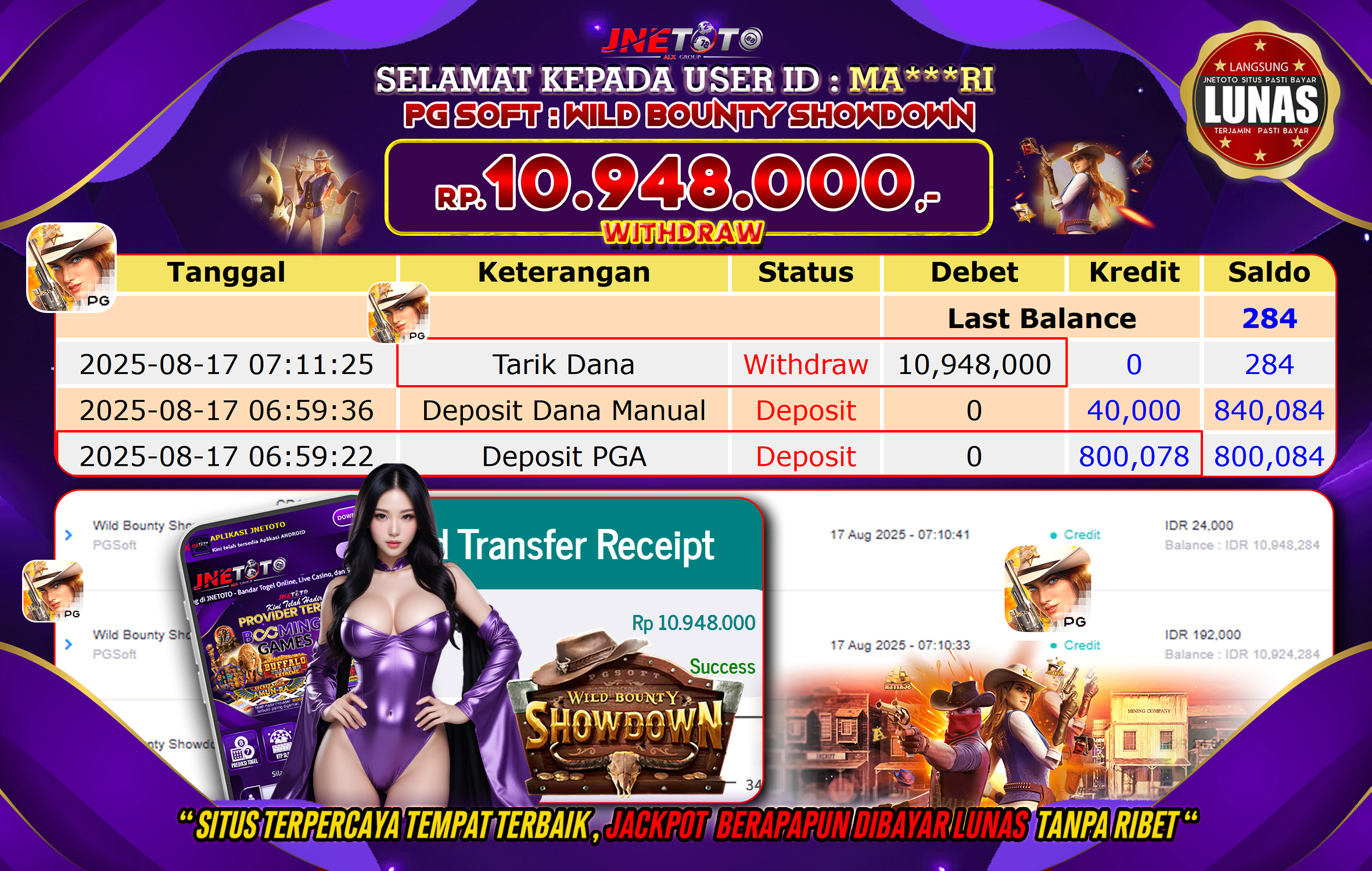 Bukti Jackpot JNETOTO di PG Soft : Wild Bounty Showdown Rp 10.948.000 LUNAS!