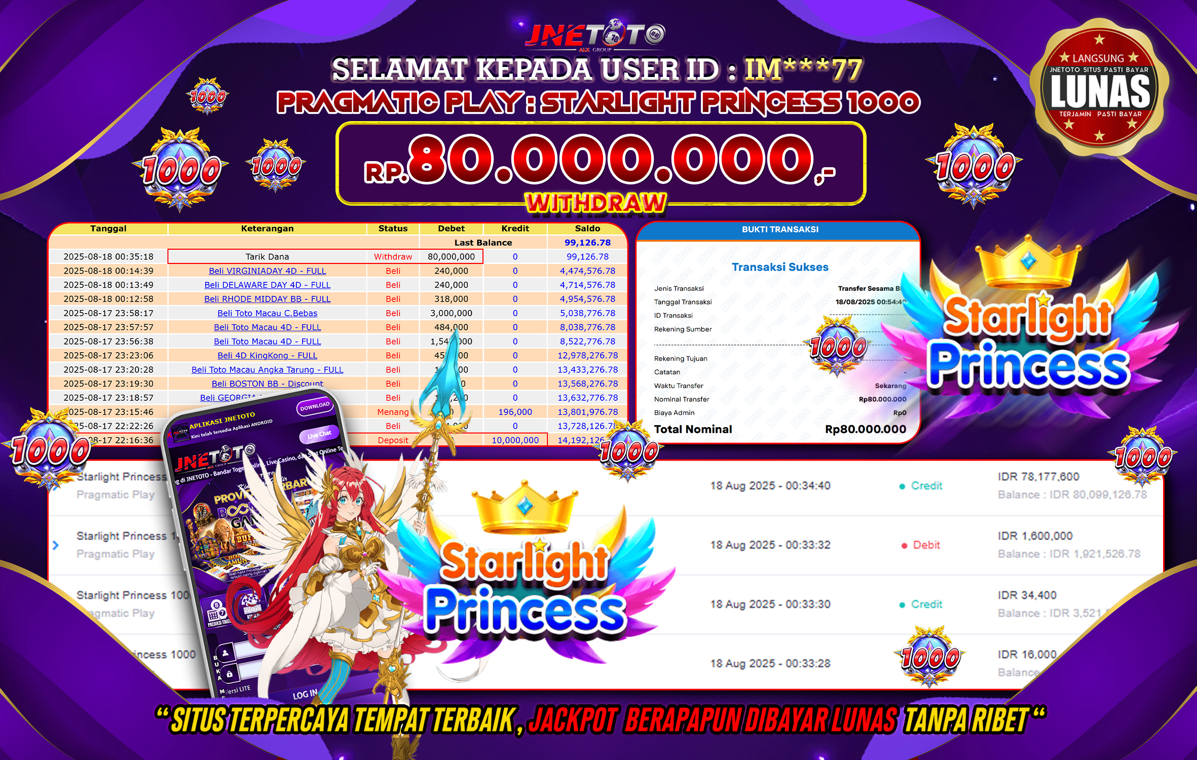 Bukti Jackpot JNETOTO di Pragmatic Play : Starlight Princess 1000 Rp 80.00.000 LUNAS!