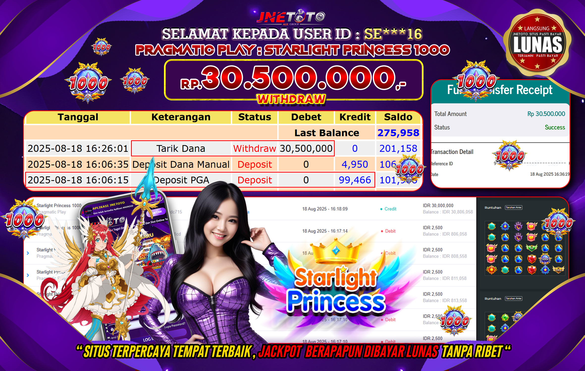 Bukti Jackpot JNETOTO di Pragmatic Play : Starlight Princess 1000 Rp 30.500.000 LUNAS!