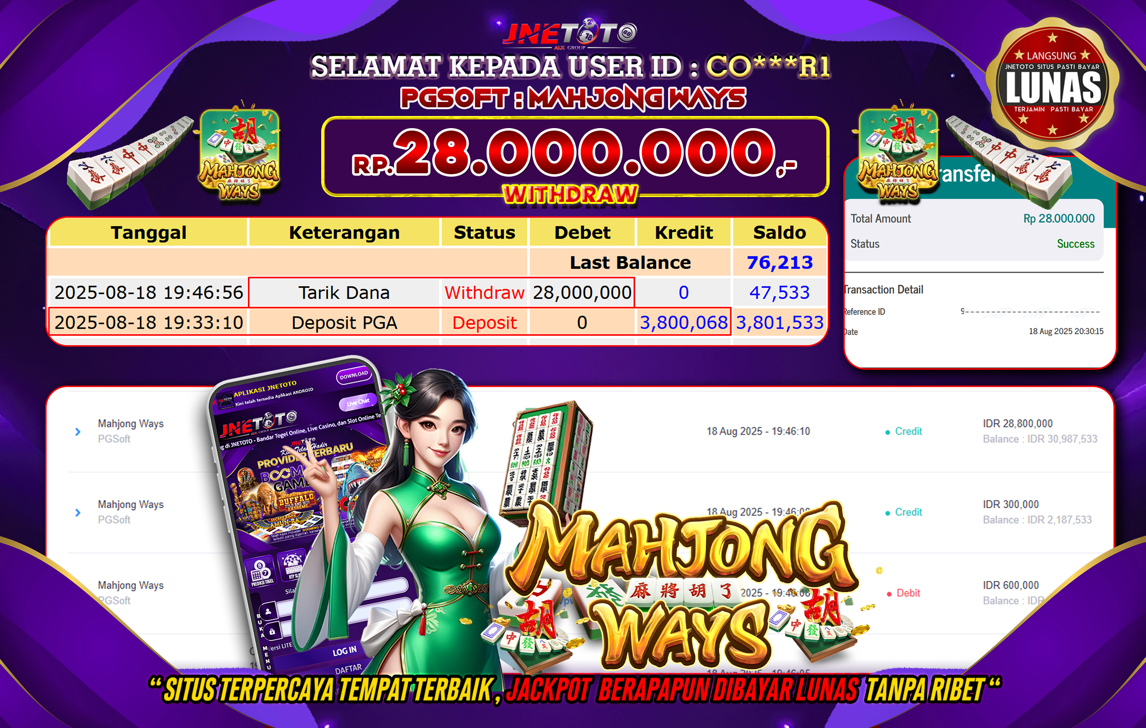 Bukti Jackpot JNETOTO di PG Soft: Mahjong Ways 28.000.000 LUNAS!