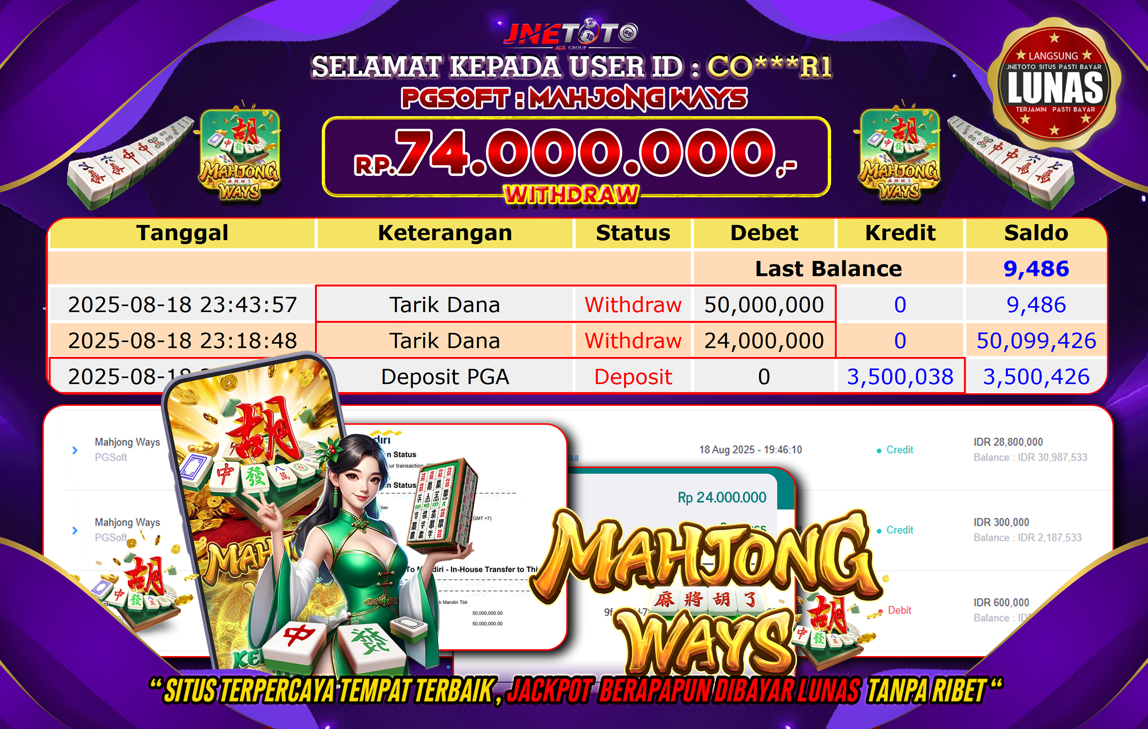 Bukti Jackpot JNETOTO di PG Soft: Mahjong Ways 74.000.000 LUNAS!
