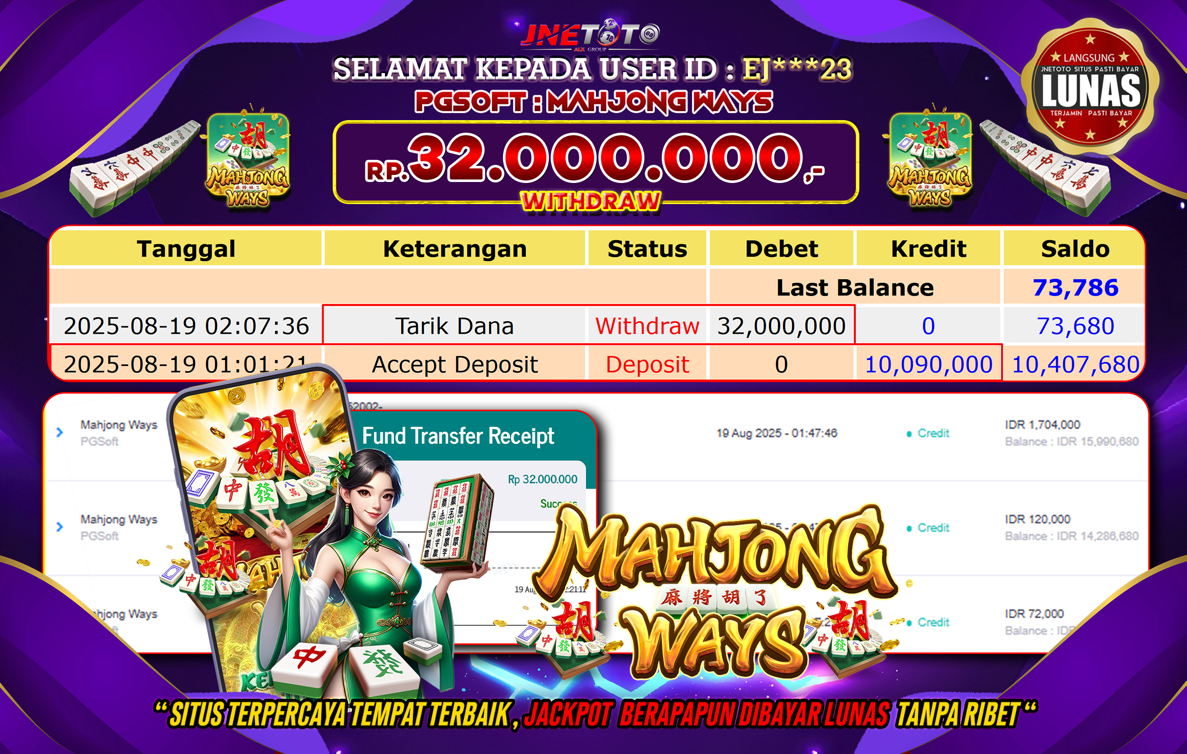 Bukti Jackpot JNETOTO di PG Soft: Mahjong Ways 32.000.000 LUNAS!