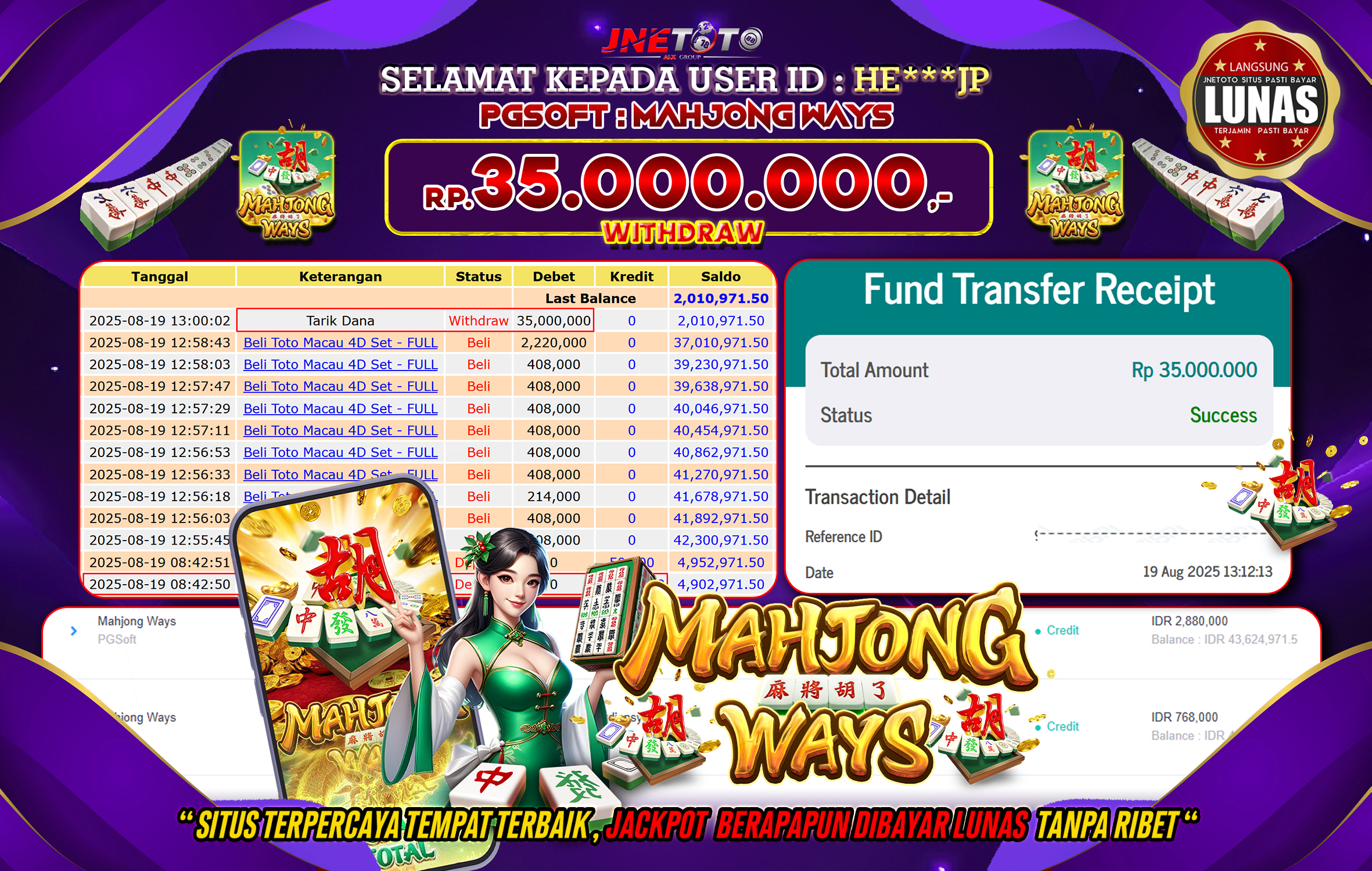 Bukti Jackpot JNETOTO di PG Soft : Mahjong Ways 35.000.000 LUNAS!