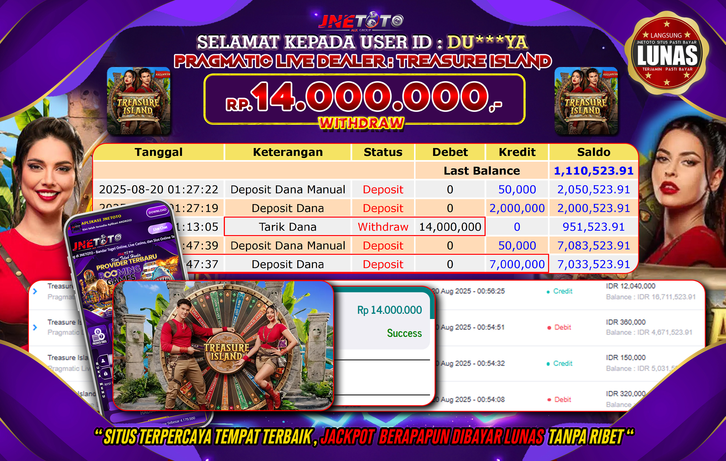 Bukti Jackpot JNETOTO di Pragmatic Live Dealer : Treasure Island 14.000.000 LUNAS!