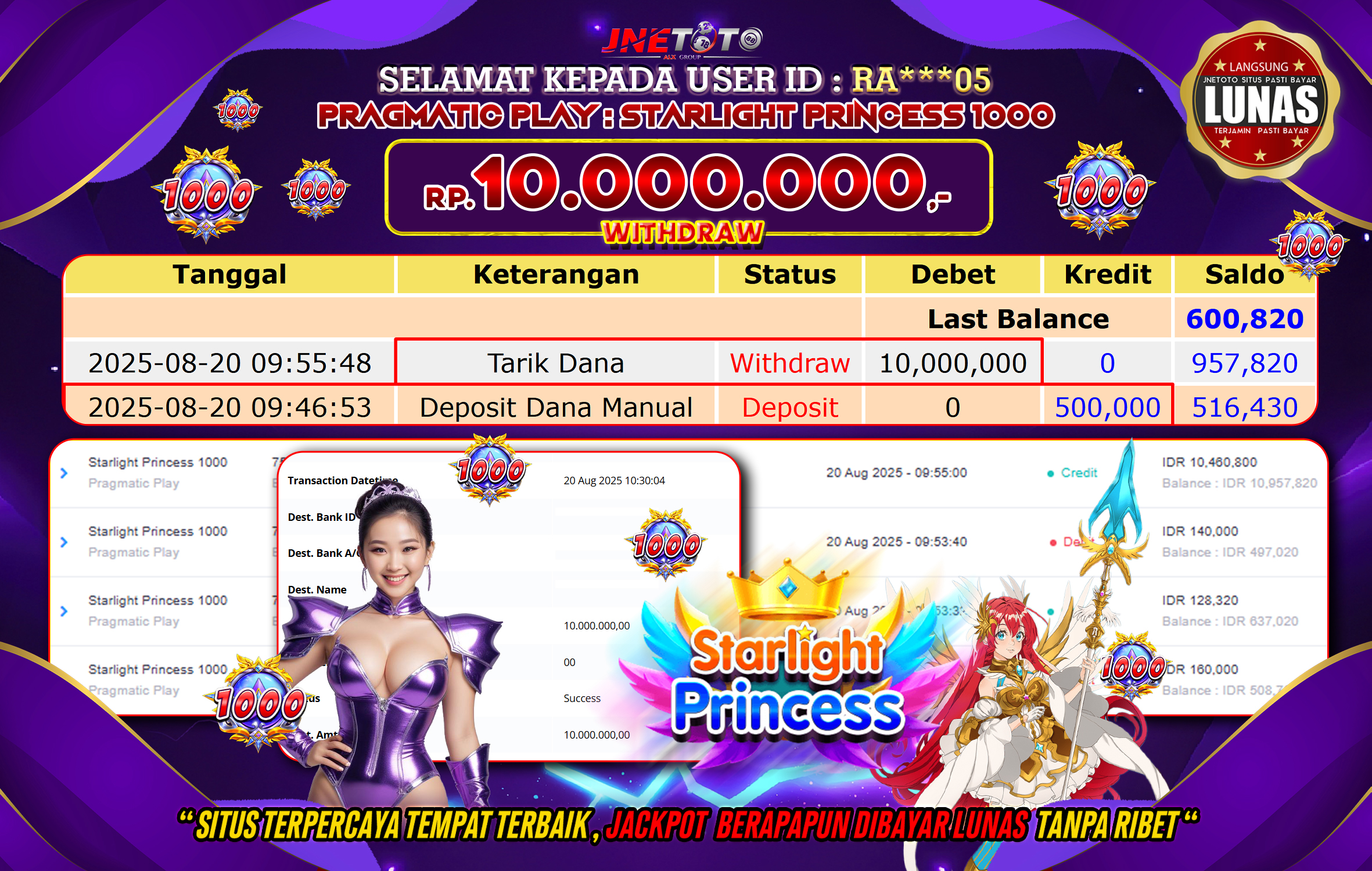 Bukti Jackpot JNETOTO di Pragmatic Play : Starlight Princess 1000 10.000.000 LUNAS!