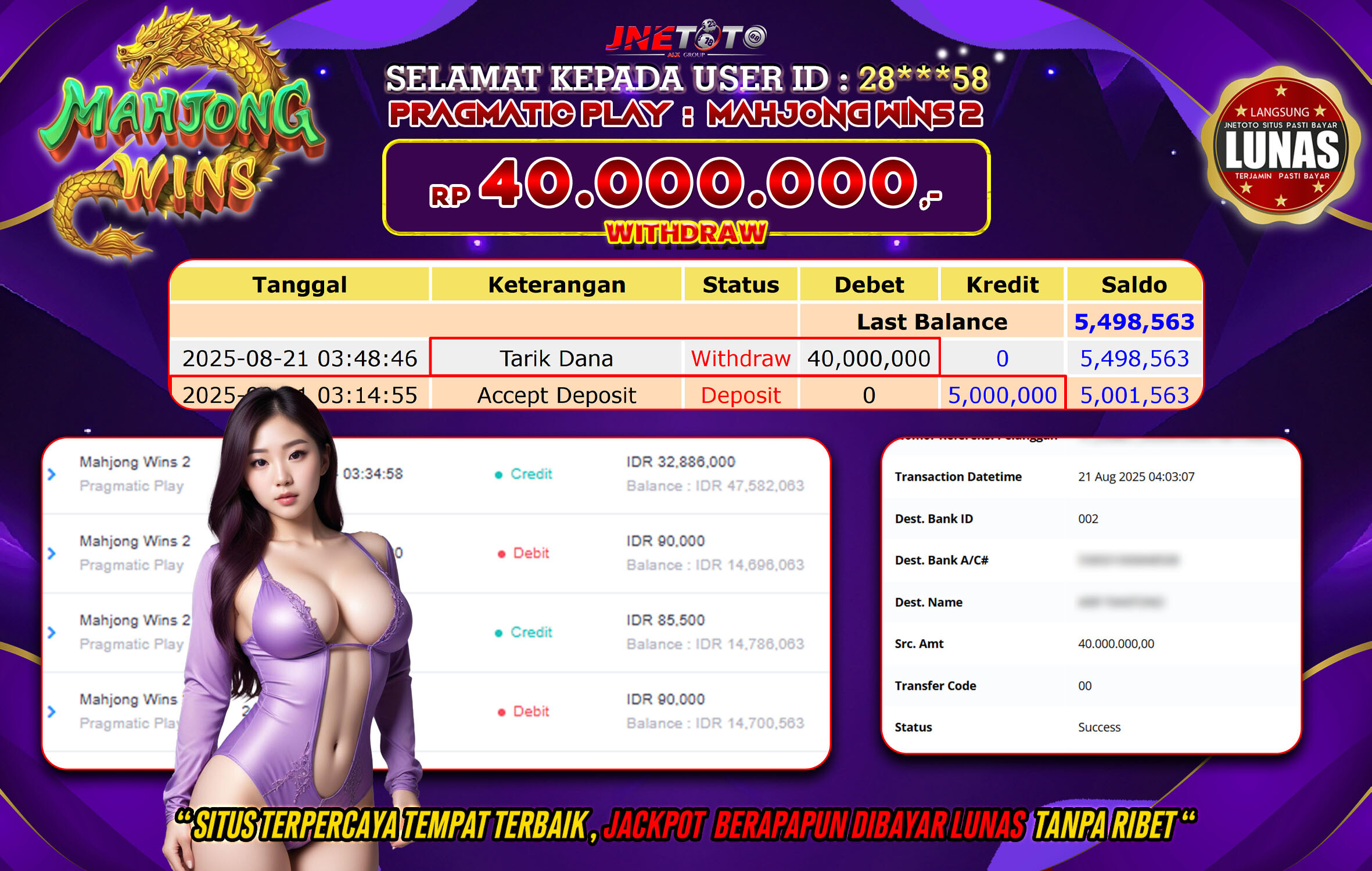 Bukti Jackpot JNETOTO di Pragmatic Play : Mahjong Wins 2 40.000.000 LUNAS!