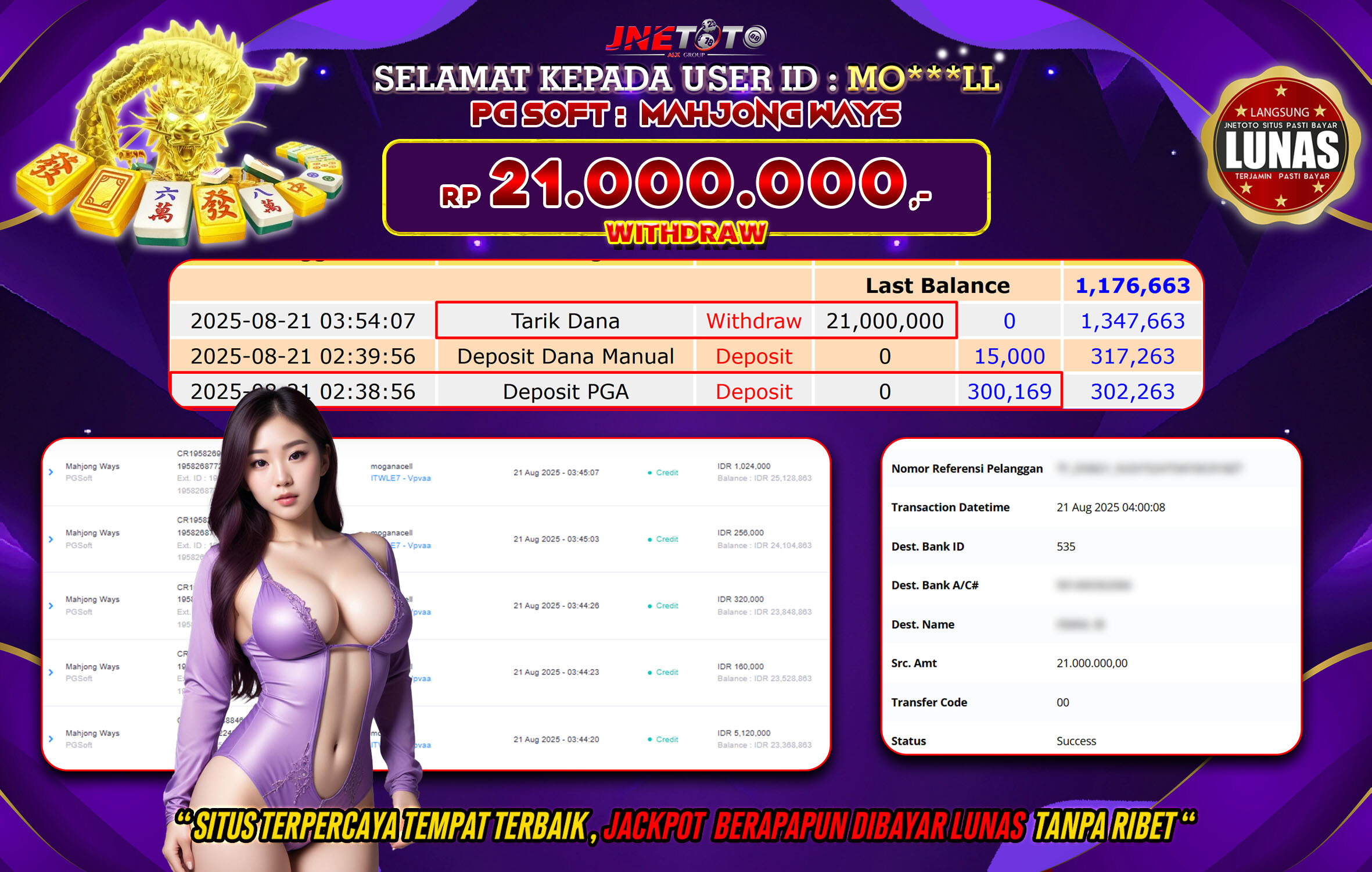 Bukti Jackpot JNETOTO di PG Soft : Mahjong Ways 21.000.000 LUNAS!