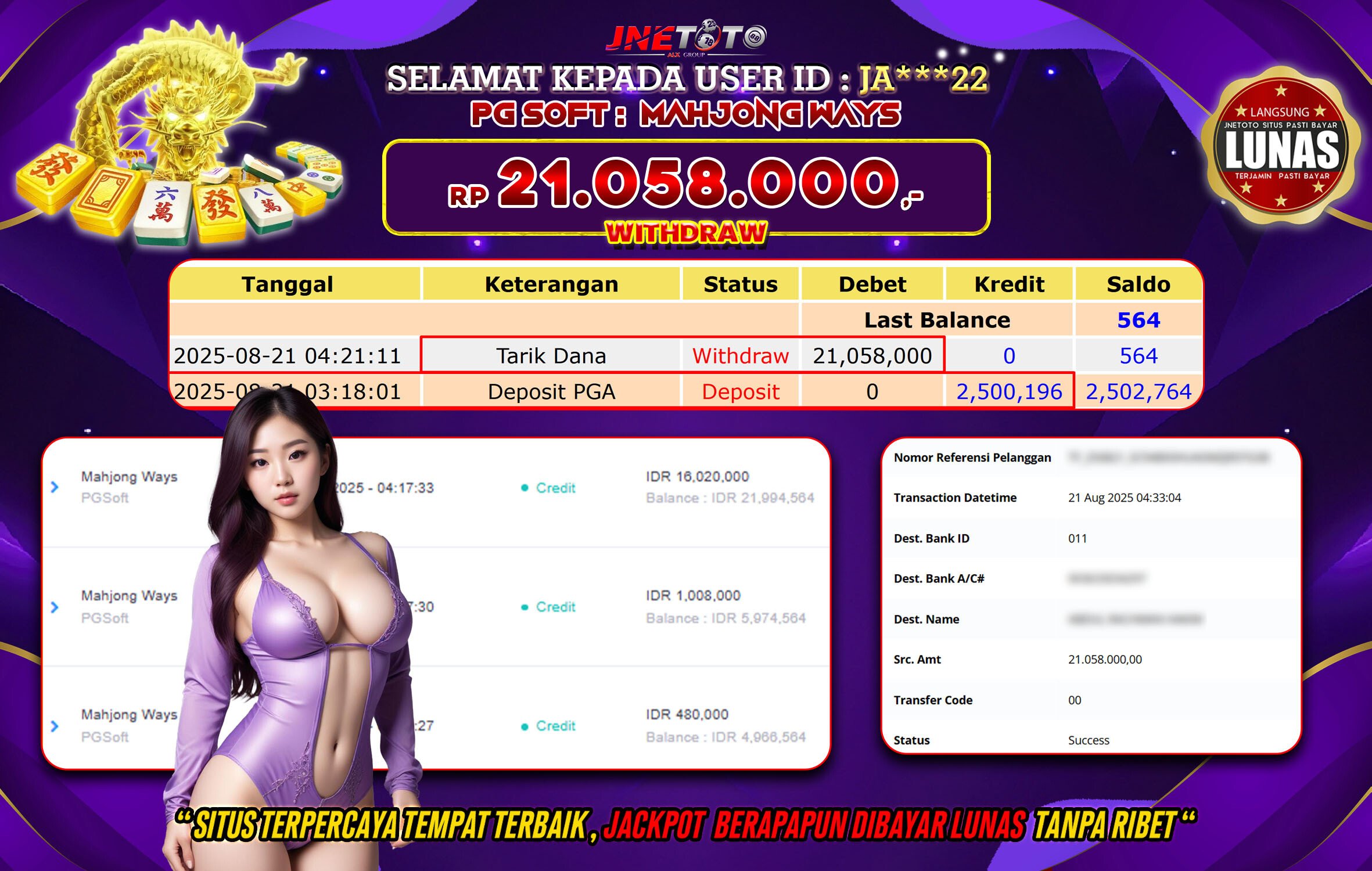 Bukti Jackpot JNETOTO di PG Soft : Mahjong Ways 21.058.000 LUNAS!