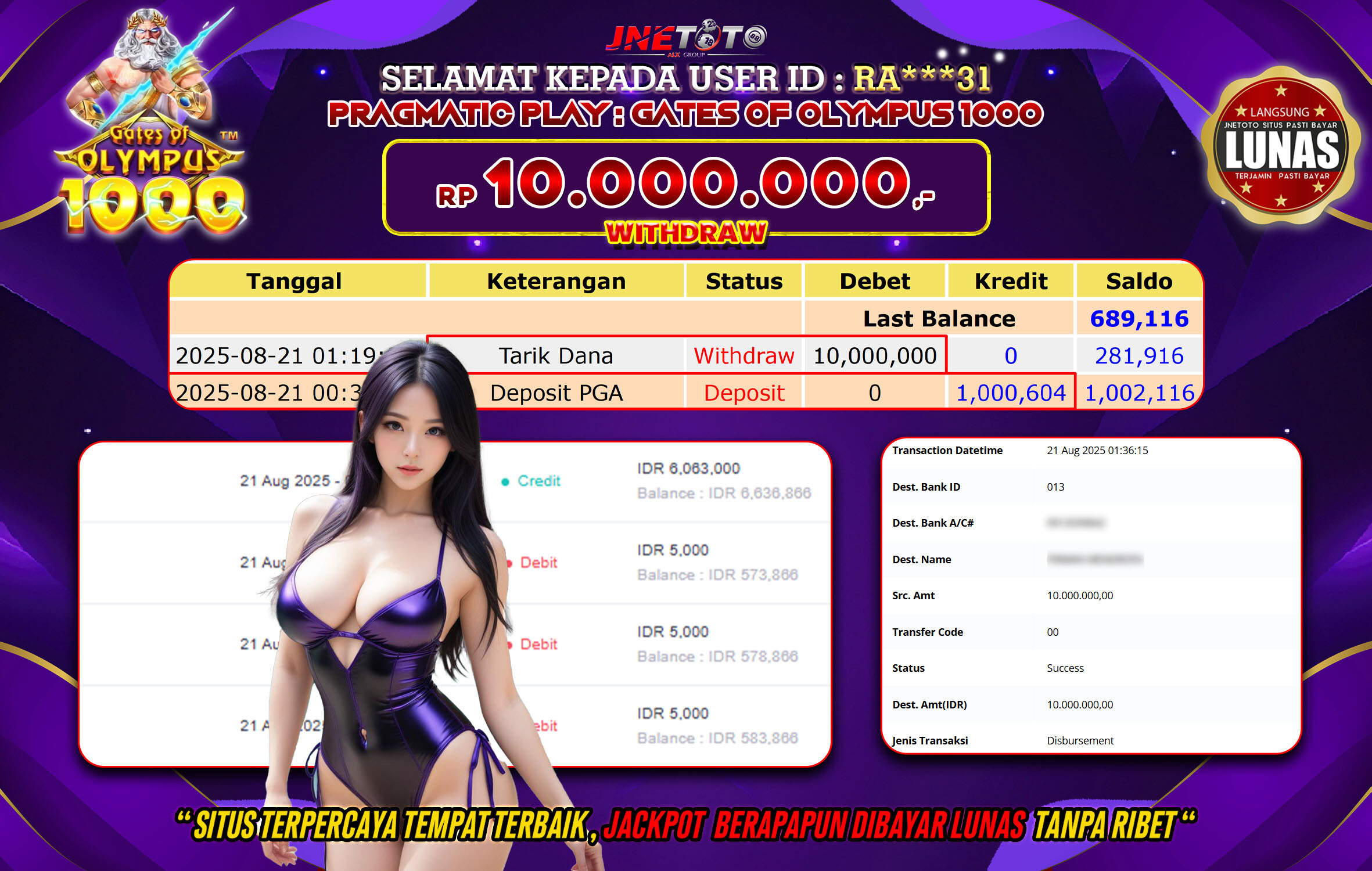 Bukti Jackpot JNETOTO di  Pragmatic Play :  Gates Of Olympus 1000 10.000.000 LUNAS!