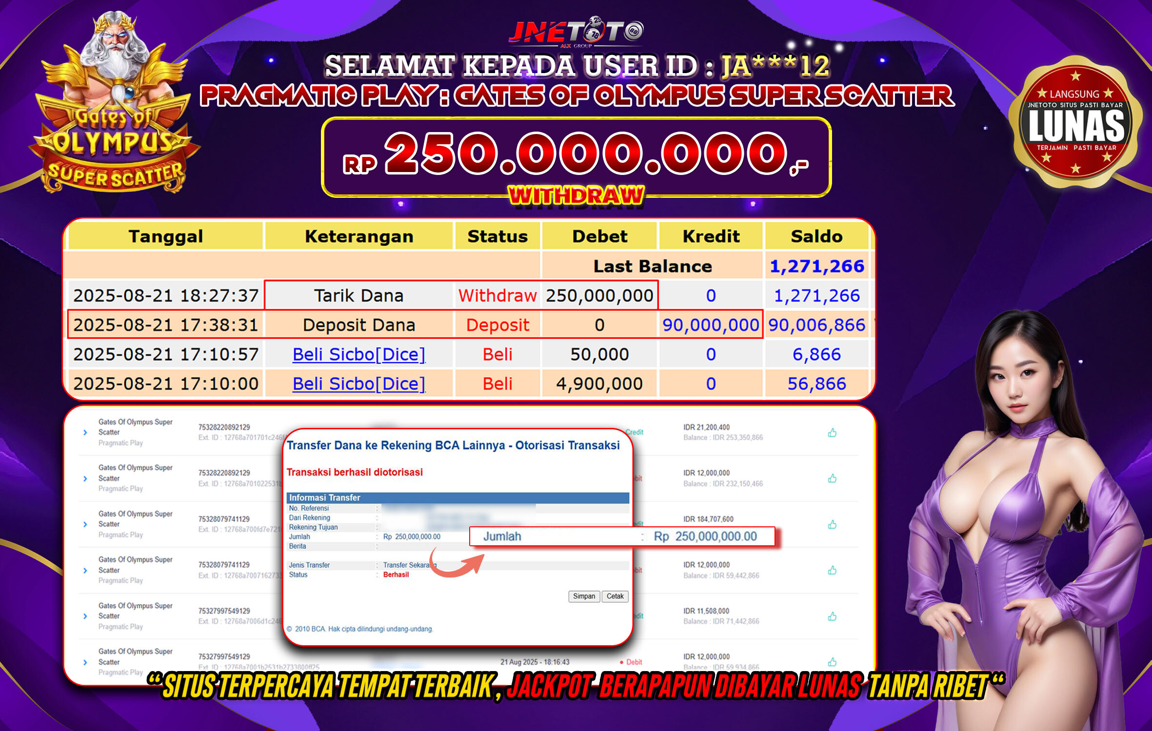Bukti Jackpot JNETOTO di  Pragmatic Play :   Gates Of Olympus Super Scatter 250.000.000 LUNAS!