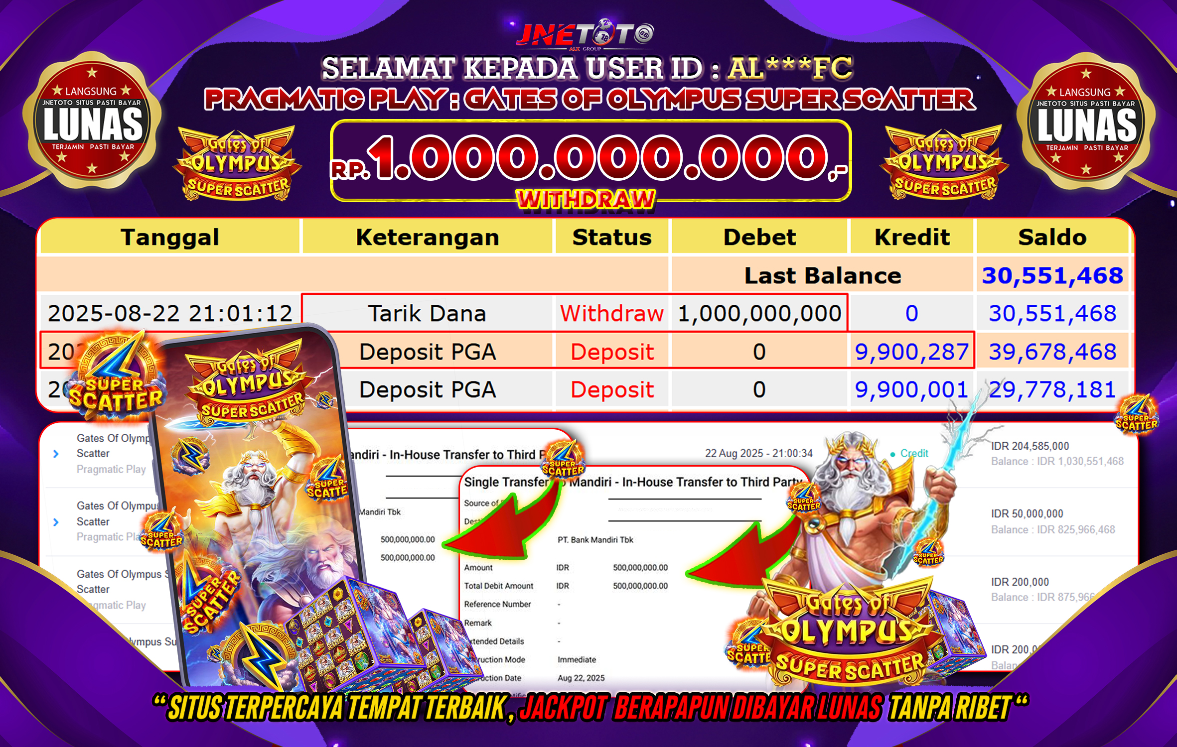 Bukti Jackpot JNETOTO di  Pragmatic Play : Gates Of Olympus Super Scatter 1.000.000.000 LUNAS!