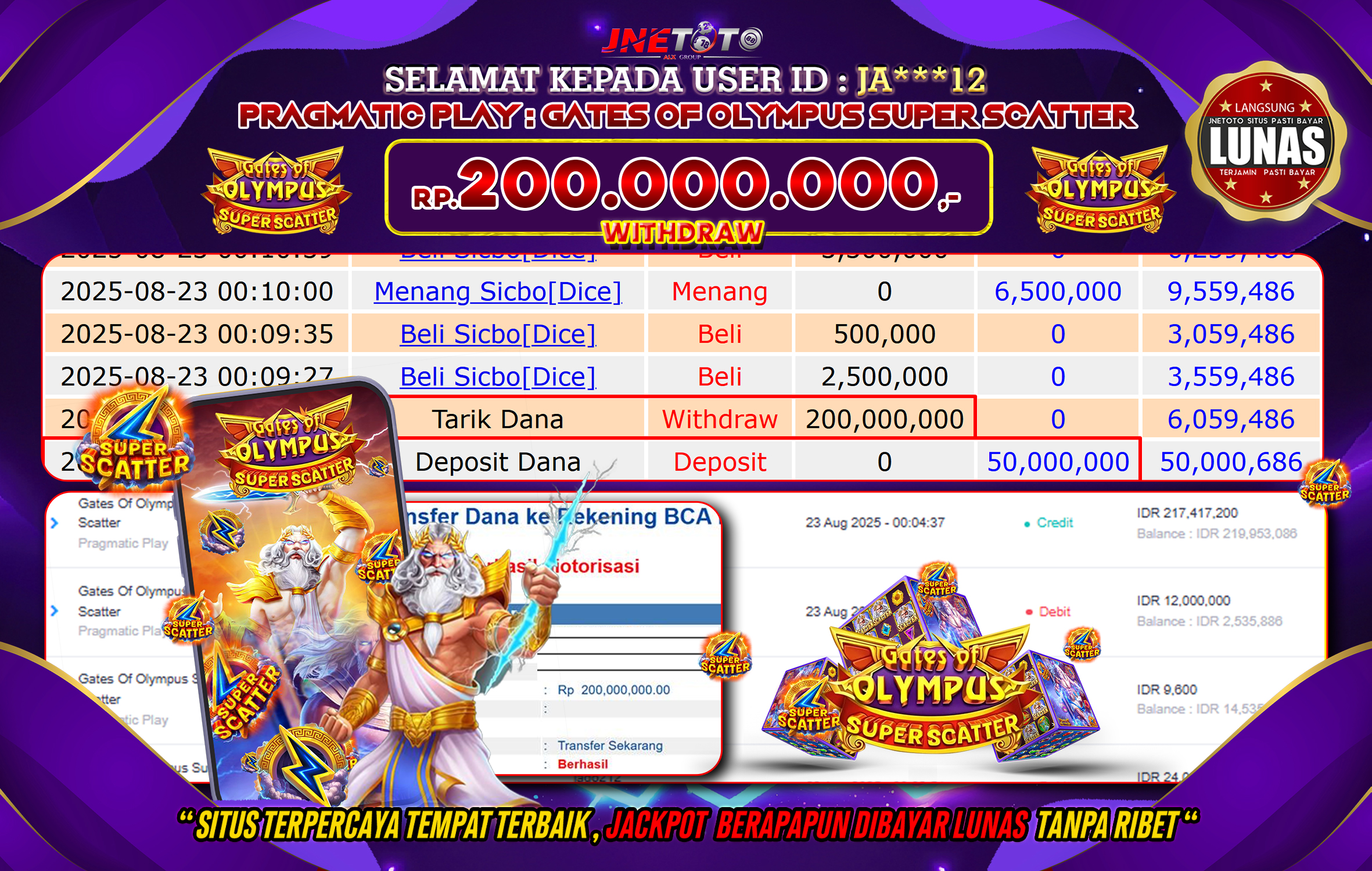 Bukti Jackpot JNETOTO di  Pragmatic Play  : Gates Of Olympus Super Scatter 200.000.000 LUNAS!