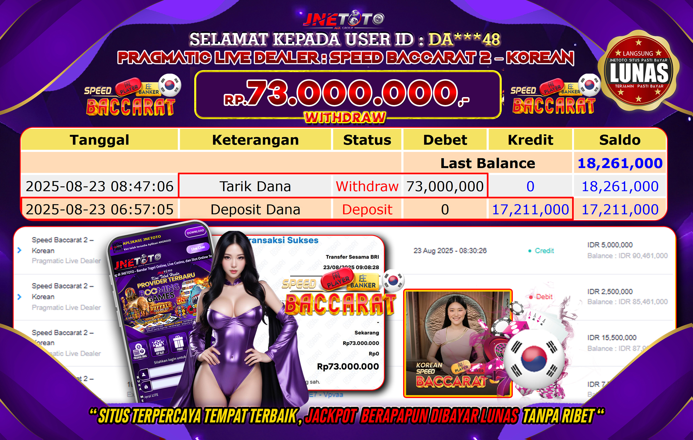 Bukti Jackpot JNETOTO di  Pragmatic Live Dealer : Speed Baccarat 2 - Korean 73.000.000 LUNAS!