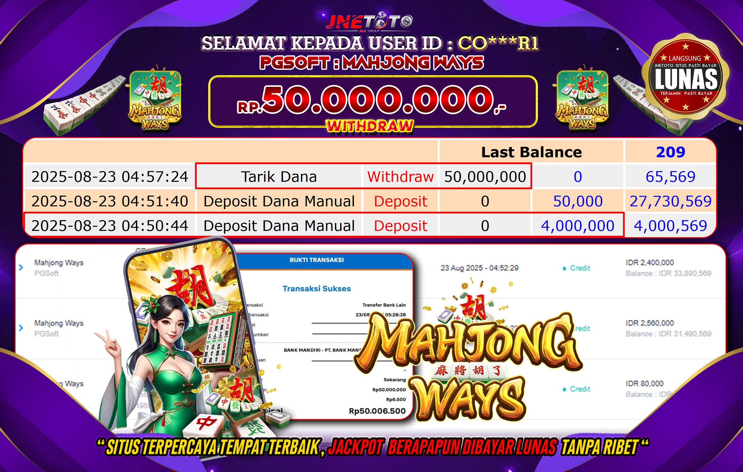 Bukti Jackpot JNETOTO di  PG Soft : Mahjong Ways 50.000.000 LUNAS!