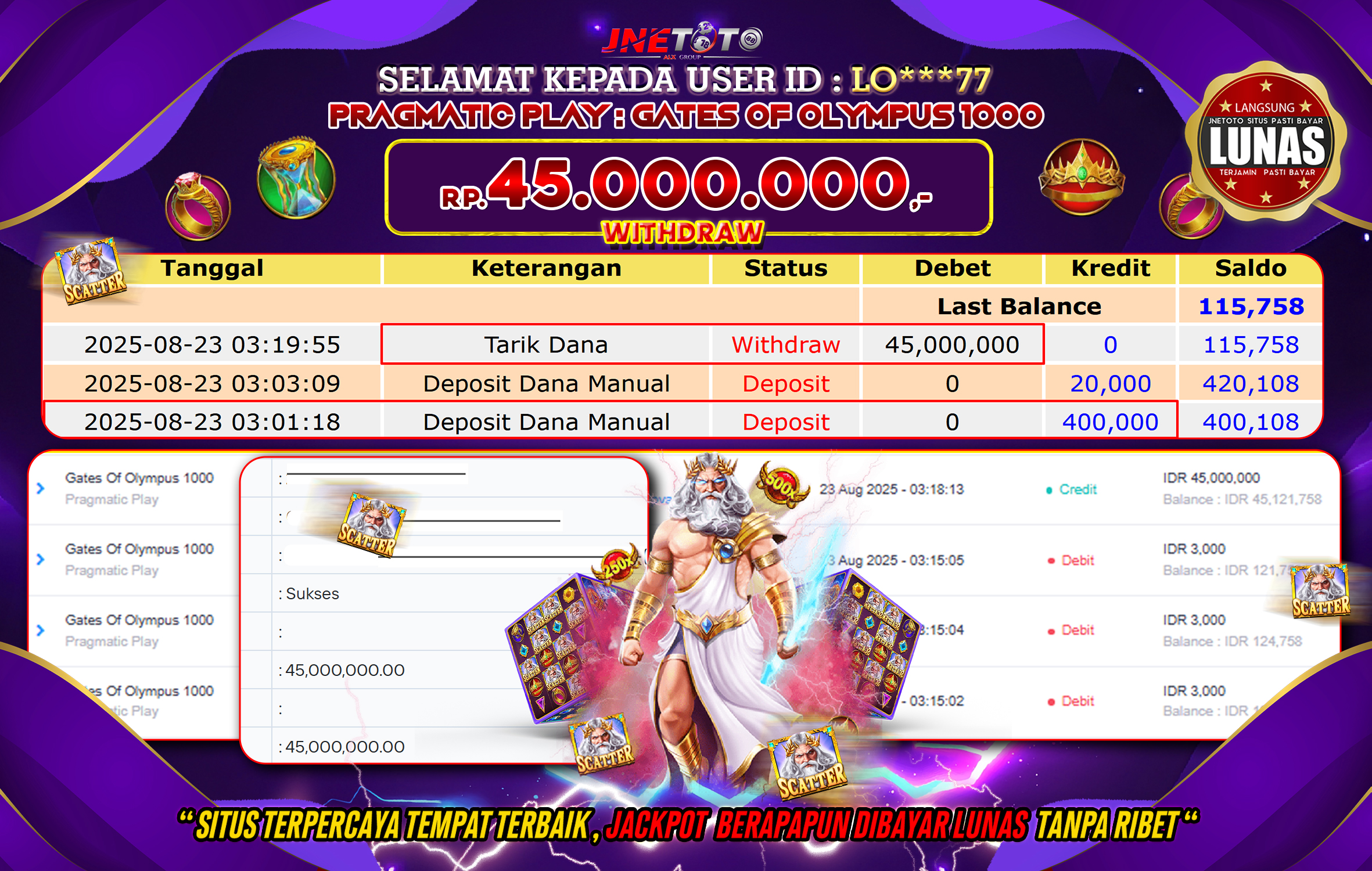 Bukti Jackpot JNETOTO di  Pragmatic Play : Gates Of Olympus 1000 45.000.000 LUNAS!