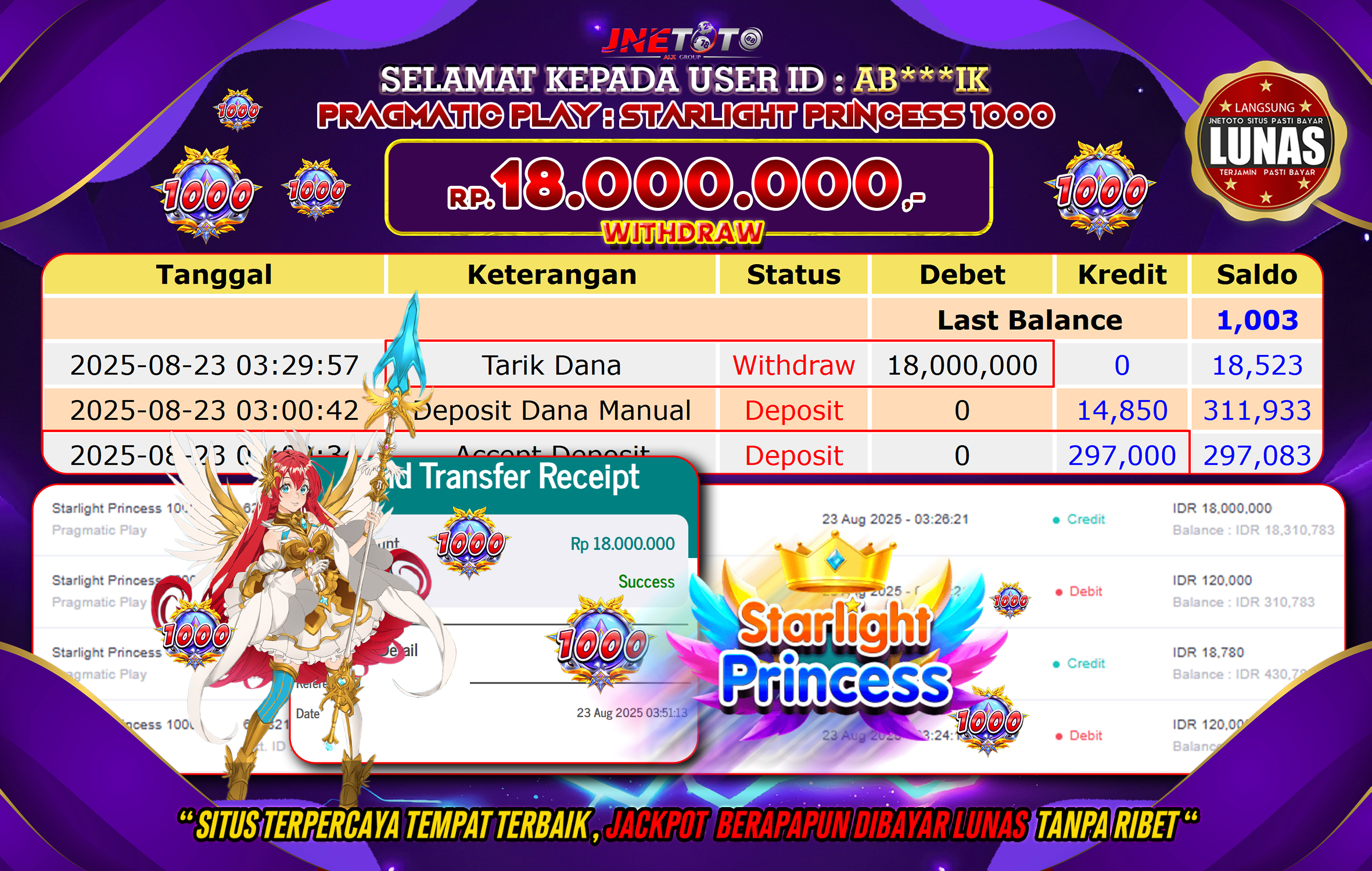 Bukti Jackpot JNETOTO di  Pragmatic Play : Starlight Princes 1000 18.000.000 LUNAS!