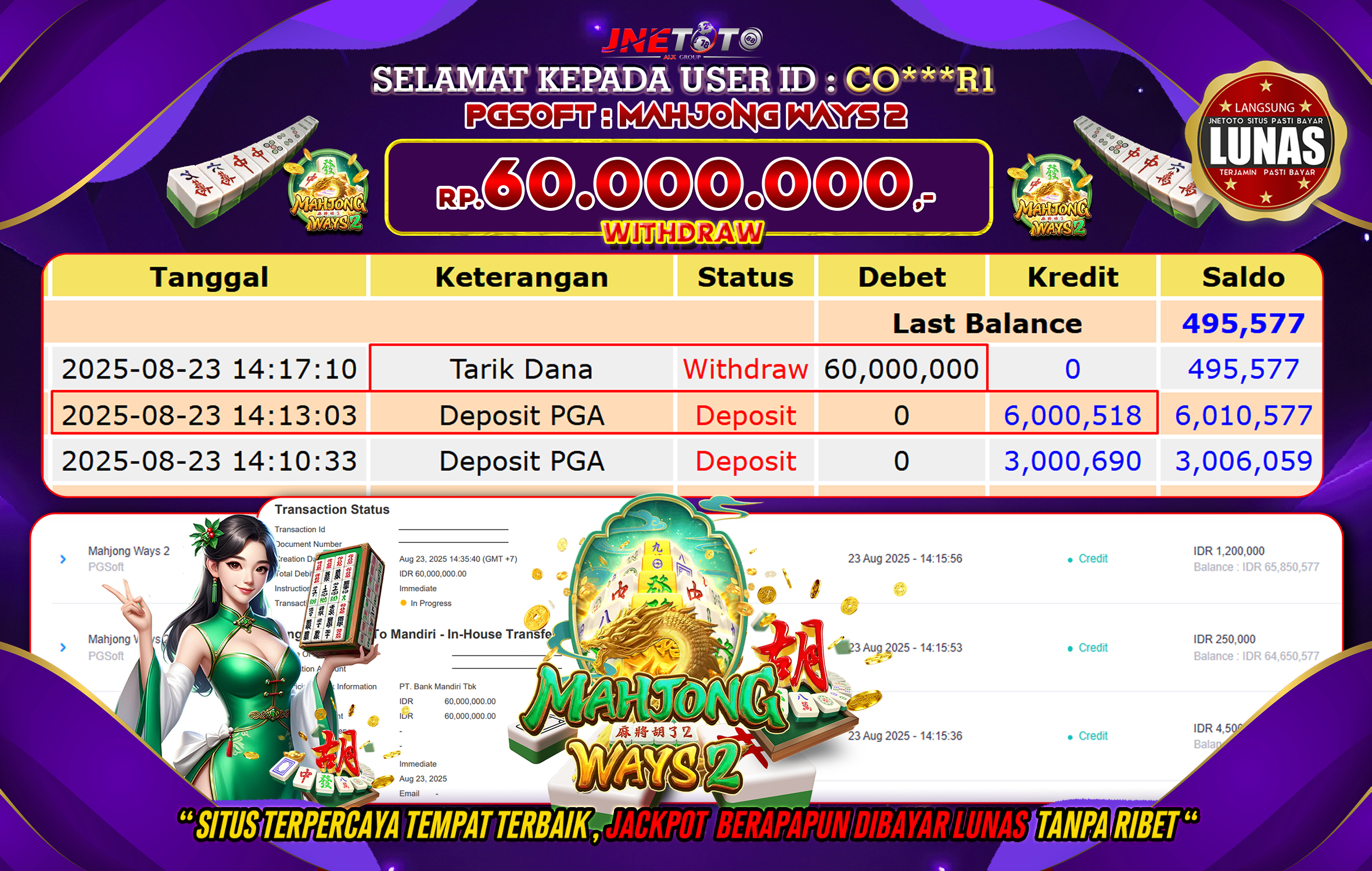 Bukti Jackpot JNETOTO di  PG Soft : Mahjong Ways 2 60.000.000 LUNAS!