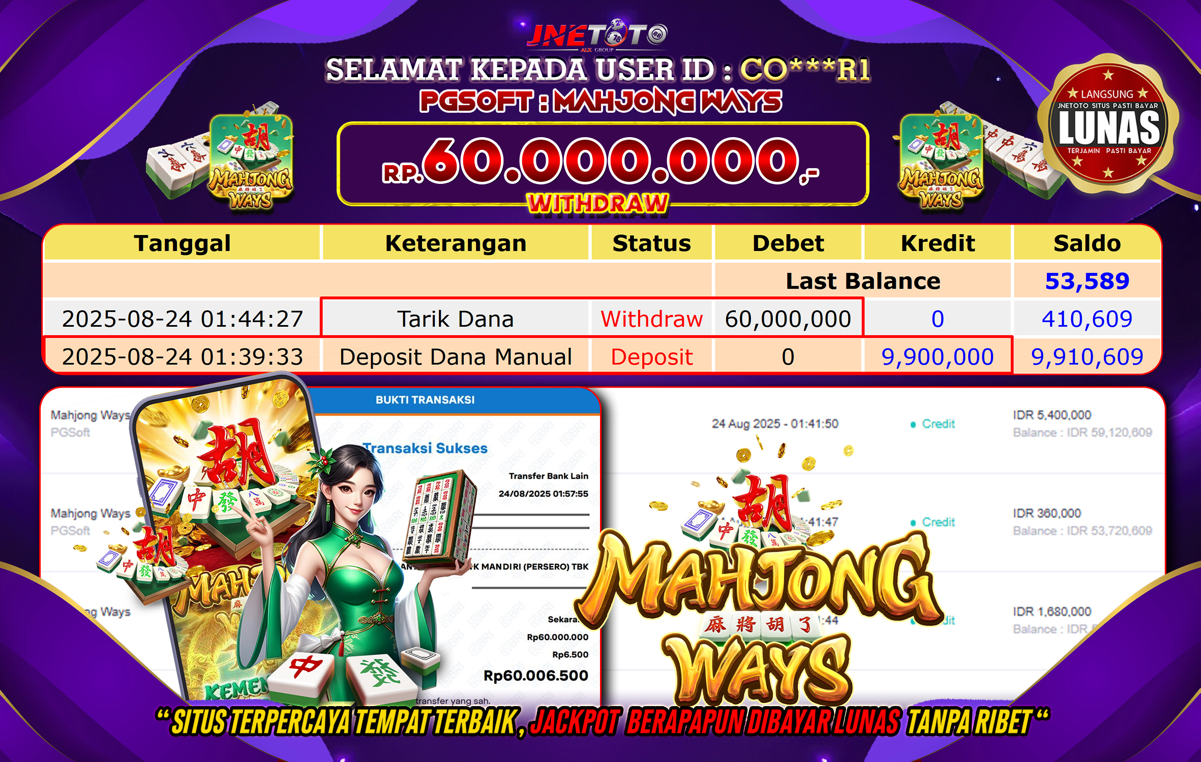 Bukti Jackpot JNETOTO di  PG Soft : Mahjong Ways 60.000.000 LUNAS!