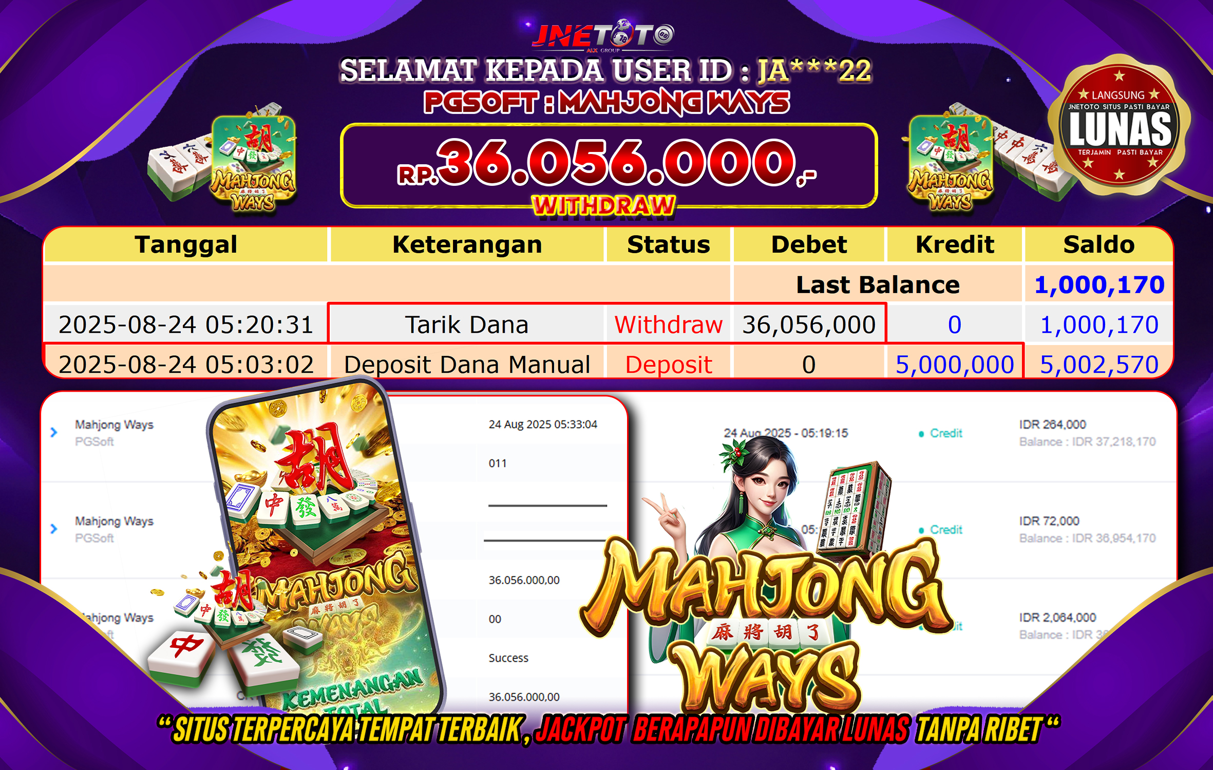 Bukti Jackpot JNETOTO di  PG Soft : Mahjong Ways 36.056.000 LUNAS!