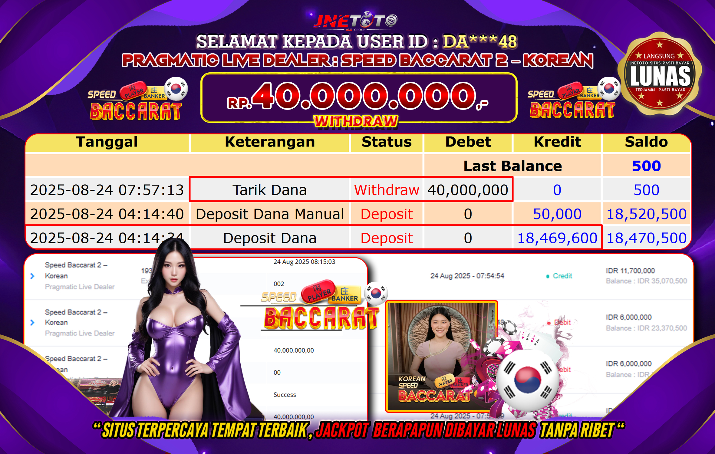 Bukti Jackpot JNETOTO di  Pragmatic Live Dealeer : Speed Baccarat 2 - Korean 40.000.000 LUNAS!