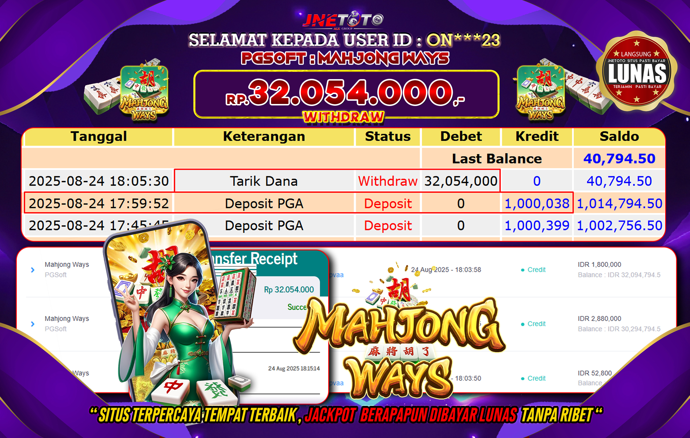 Bukti Jackpot JNETOTO di  PG Soft : Mahjong Ways 32.054.000 LUNAS!