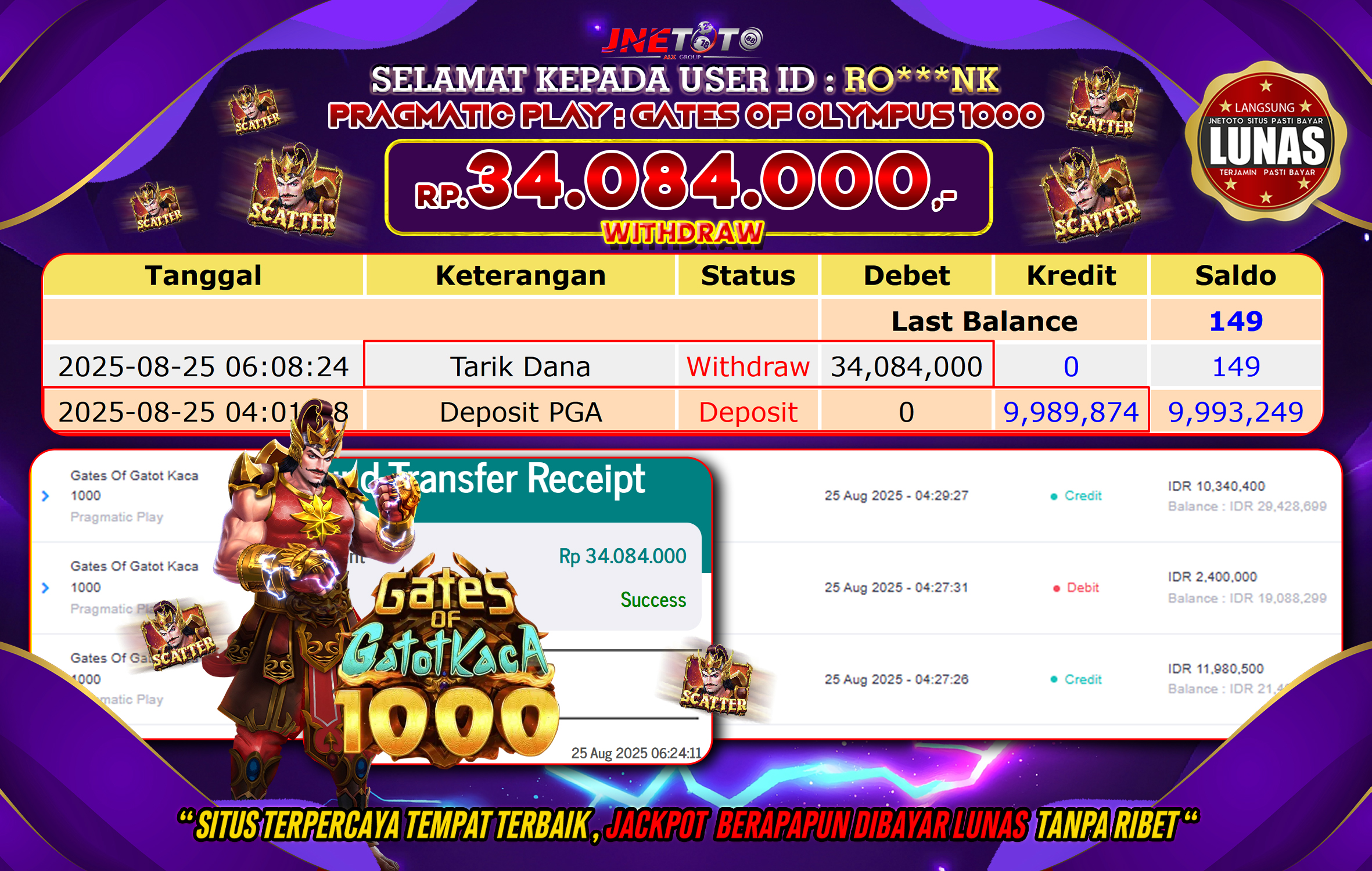 Bukti Jackpot JNETOTO di  Pragmatic Play : Gates Of Olympus 1000 34.084.000 LUNAS!