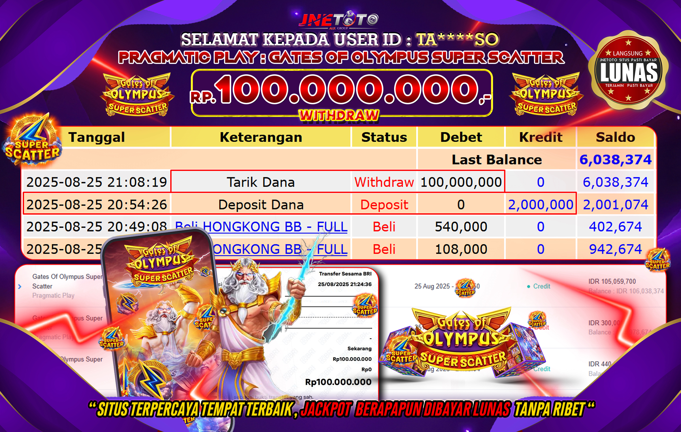 Bukti Jackpot JNETOTO di  Pragmatic Play : Gates Of Olympus Super Scatter 100.000.000 LUNAS!