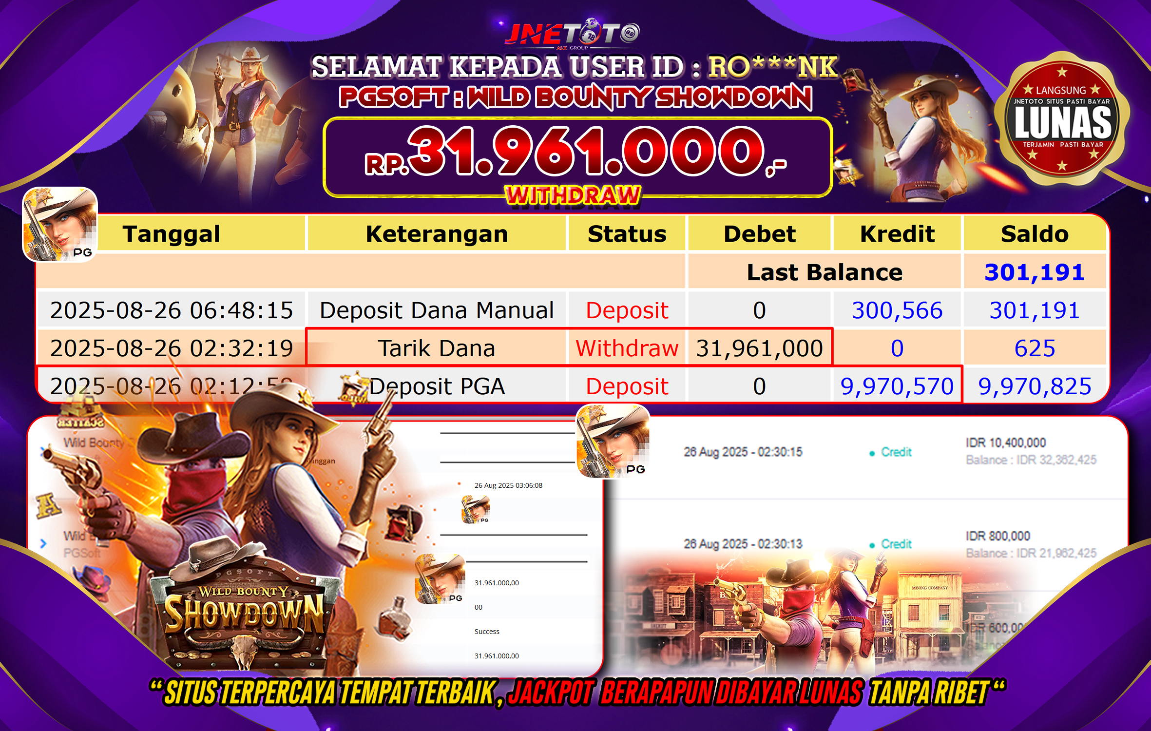 Bukti Jackpot JNETOTO di  PG Soft : Wild Bounty Showdown 31.961.000 LUNAS!