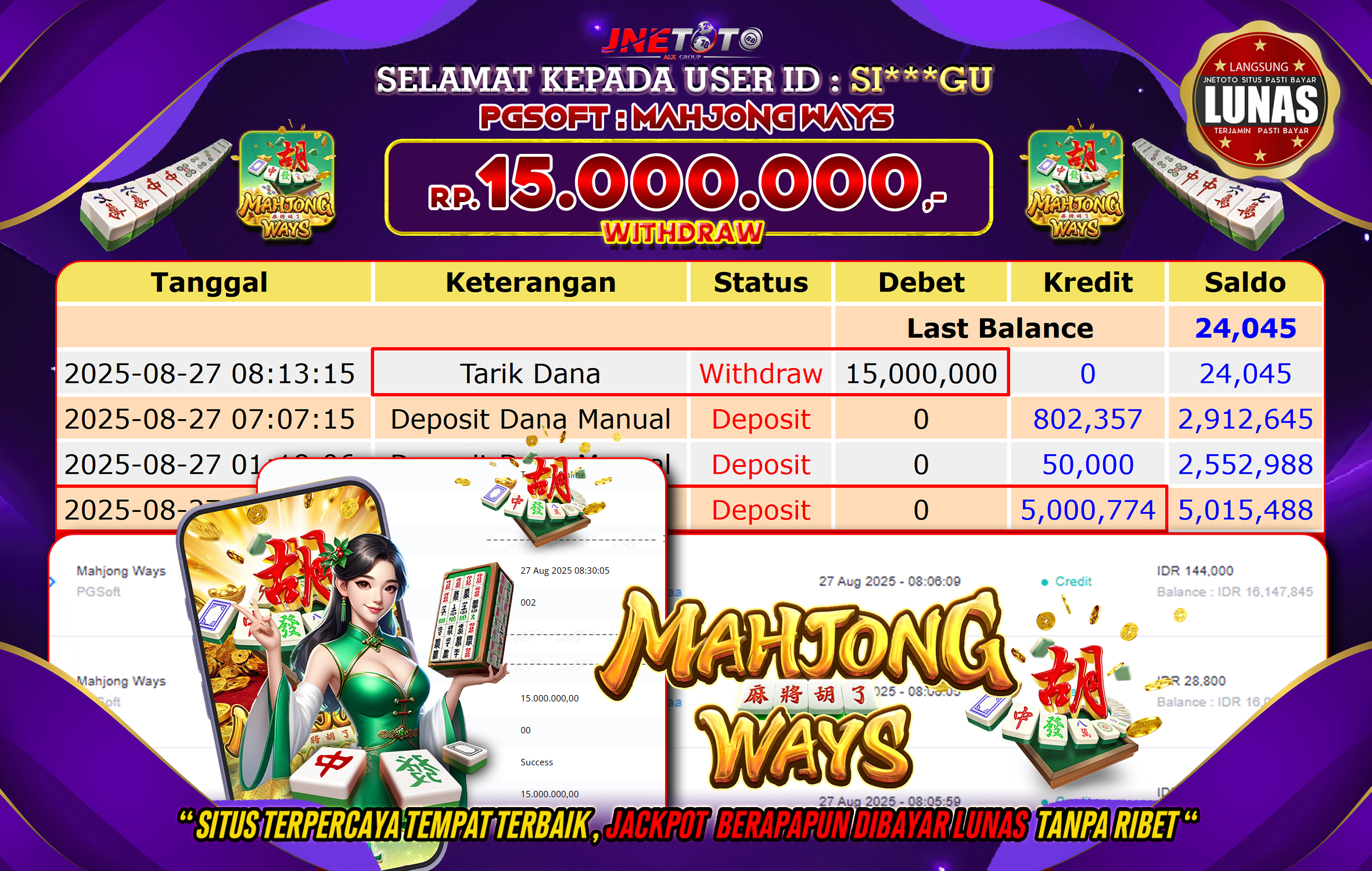 Bukti Jackpot JNETOTO di  PG Soft : Mahjong Ways 15.000.000 LUNAS!
