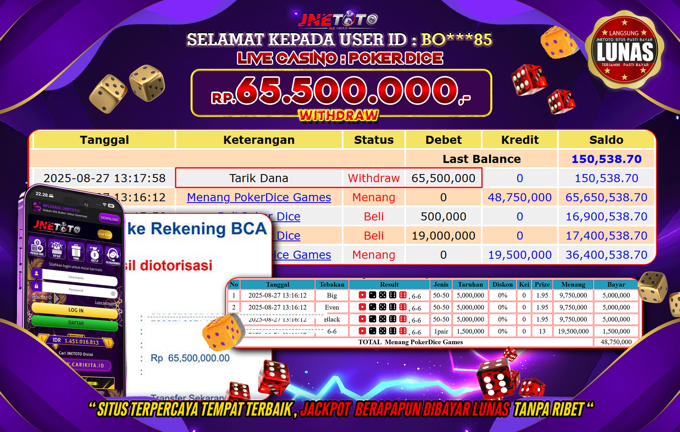 Bukti Jackpot JNETOTO di Live Casino : Poker Dice 65.500.000 LUNAS!