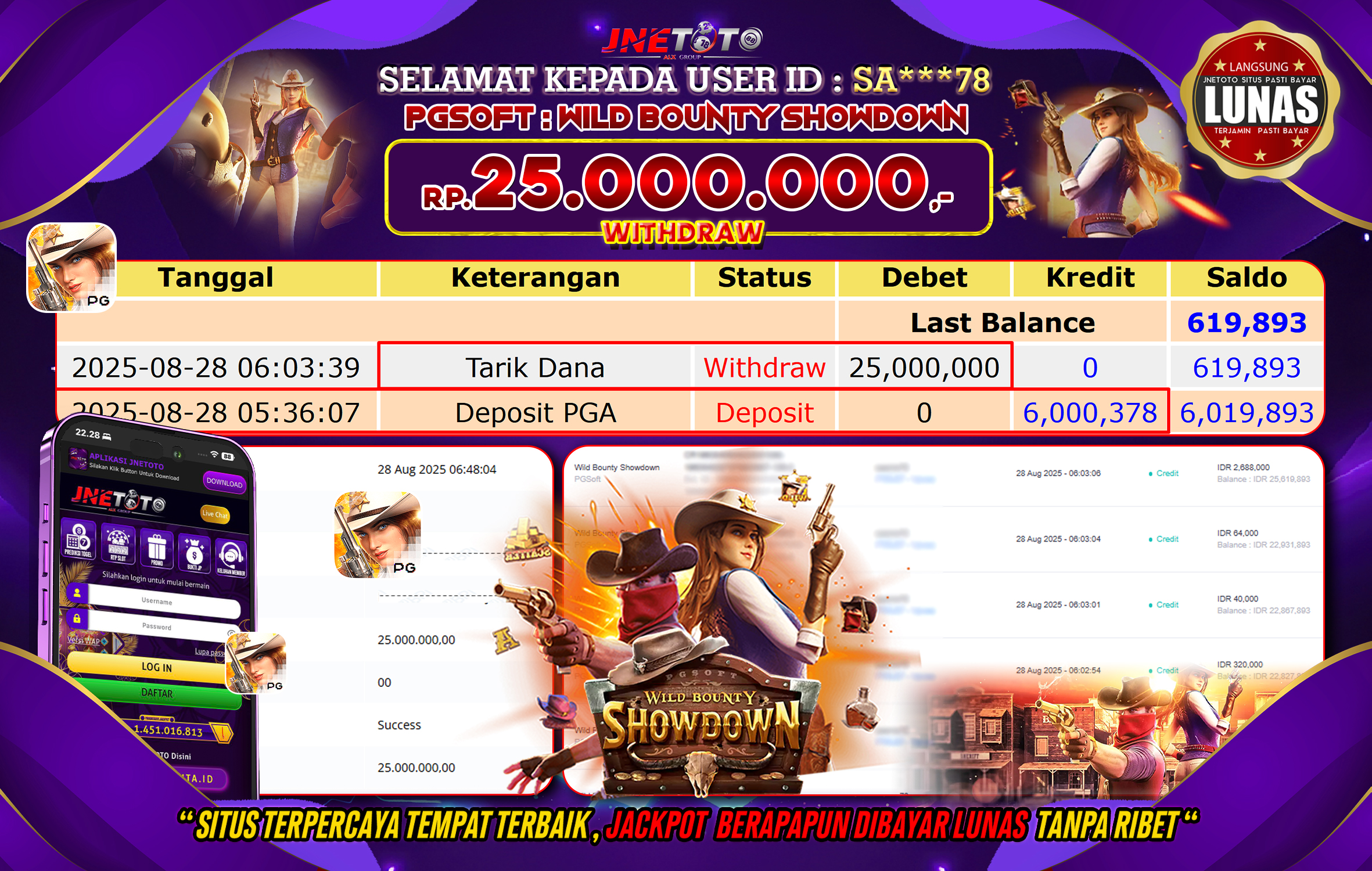 Bukti Jackpot JNETOTO di PG Soft : Wild Bounty Showdown 25.000.000 LUNAS!
