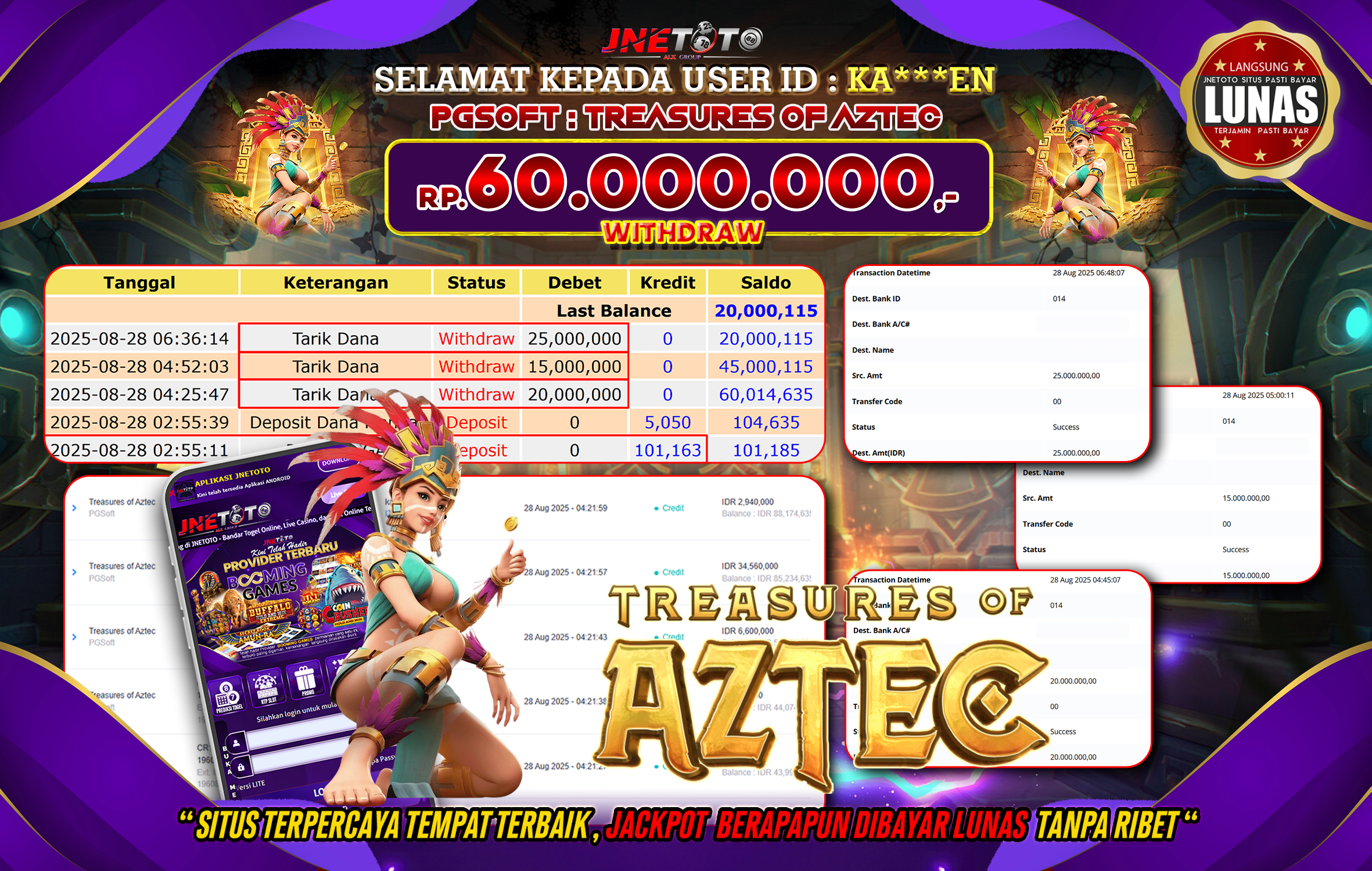 Bukti Jackpot JNETOTO di PG Soft : Treasures Of Aztec 60.000.000 LUNAS!