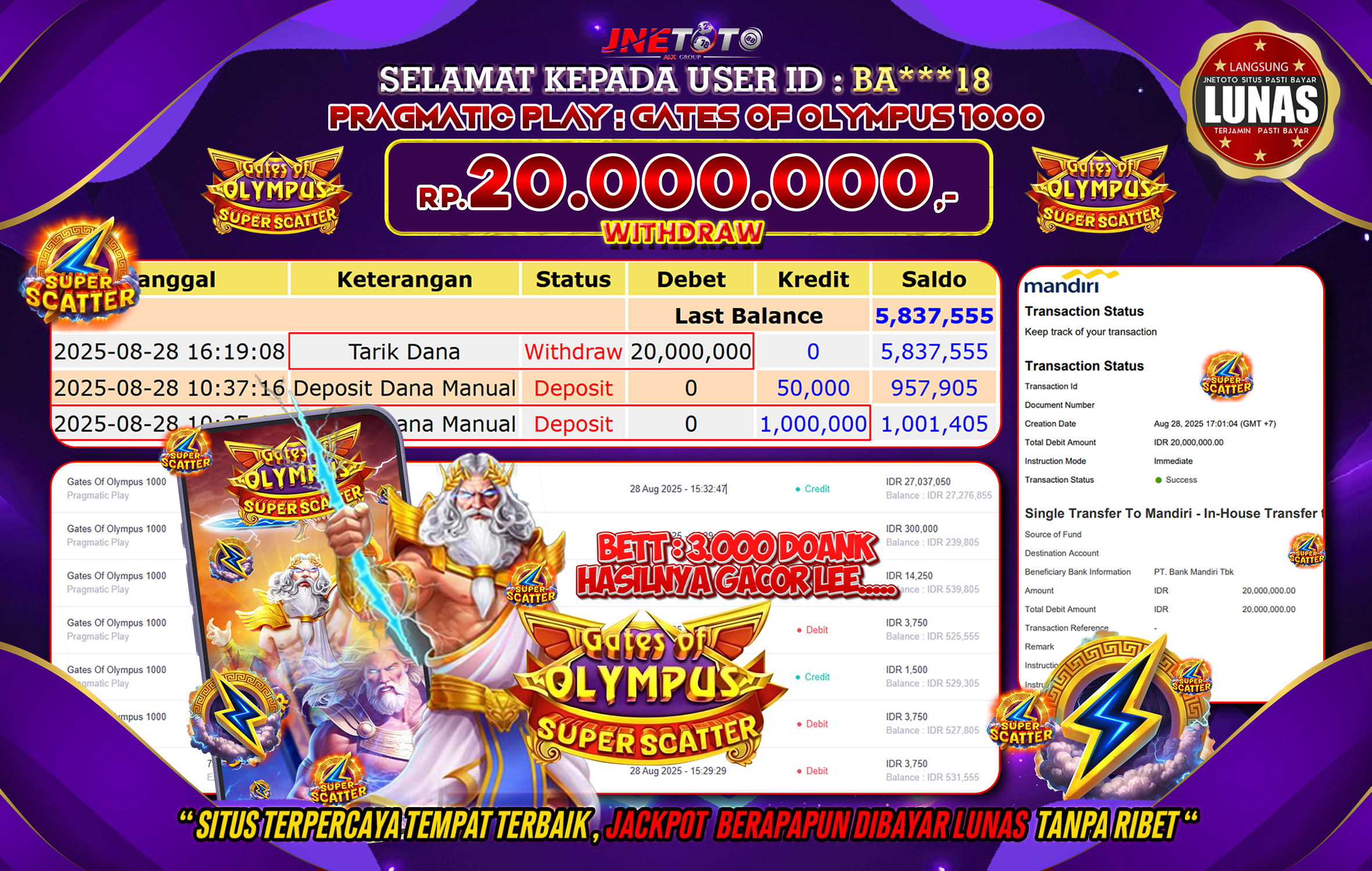 Bukti Jackpot JNETOTO di PRAGMATIG PLAY : Gates Of Olympus 1000, 20.000.000 LUNAS!