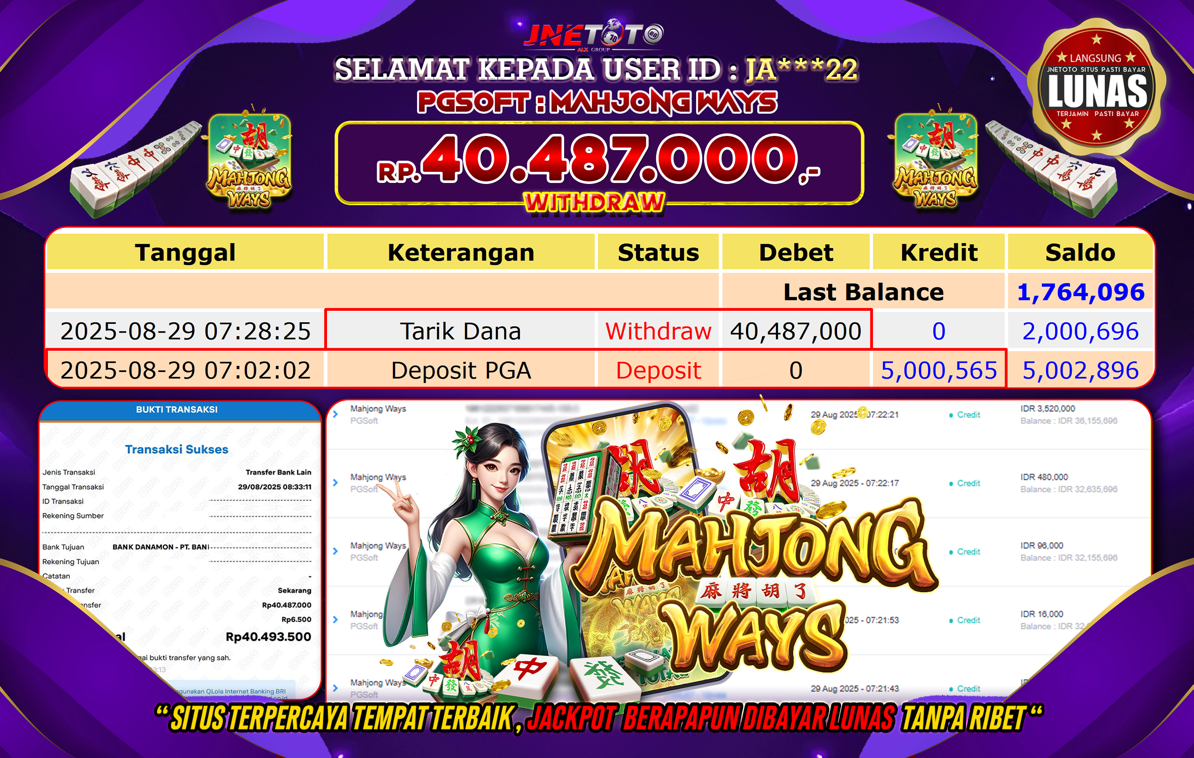 Bukti Jackpot JNETOTO di  PG Soft : Mahjong Ways 40.487.000 LUNAS!