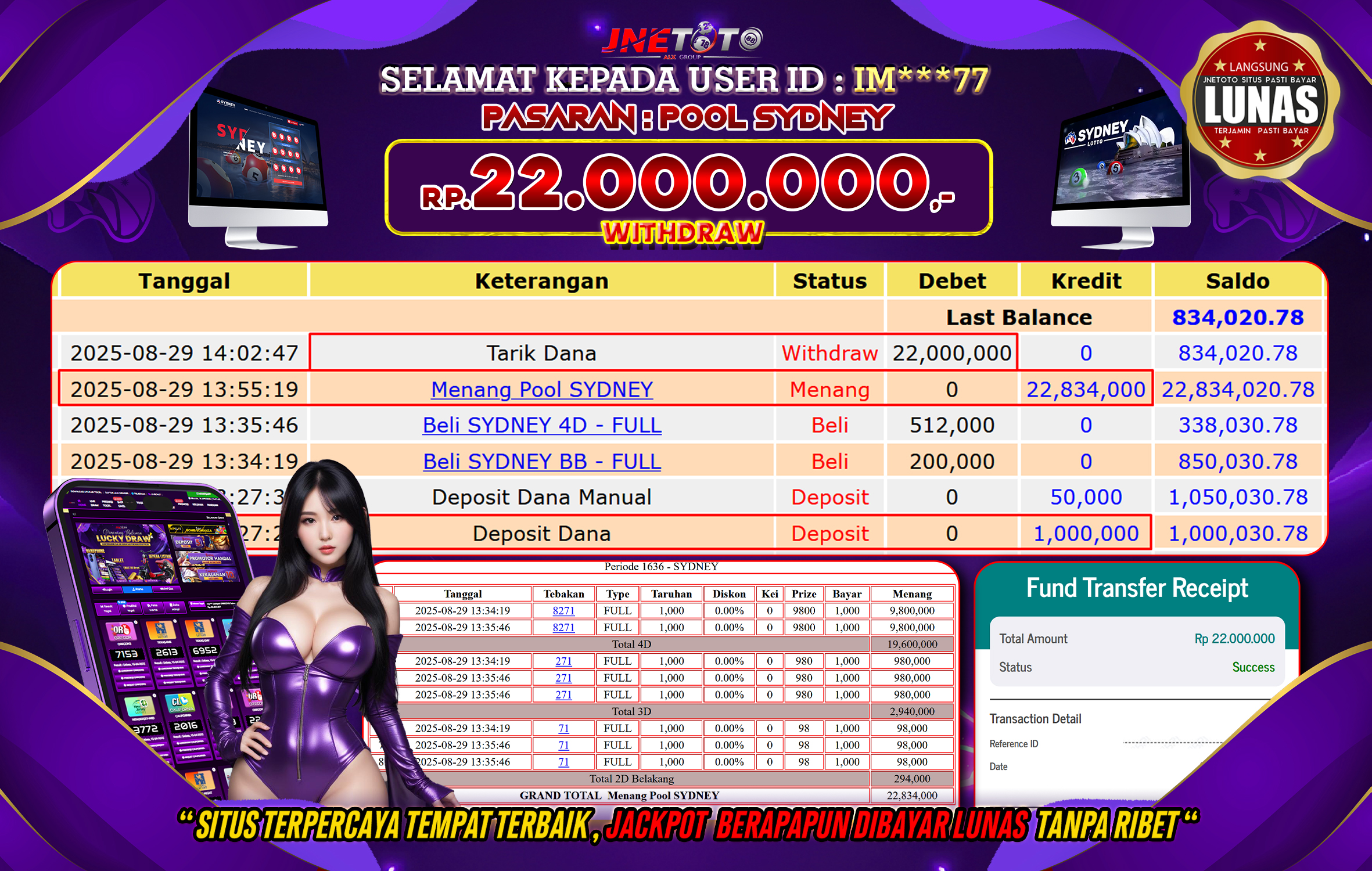 Bukti Jackpot JNETOTO di  TOGEL PASARAN : Pool Sydney 22.000.000 LUNAS!