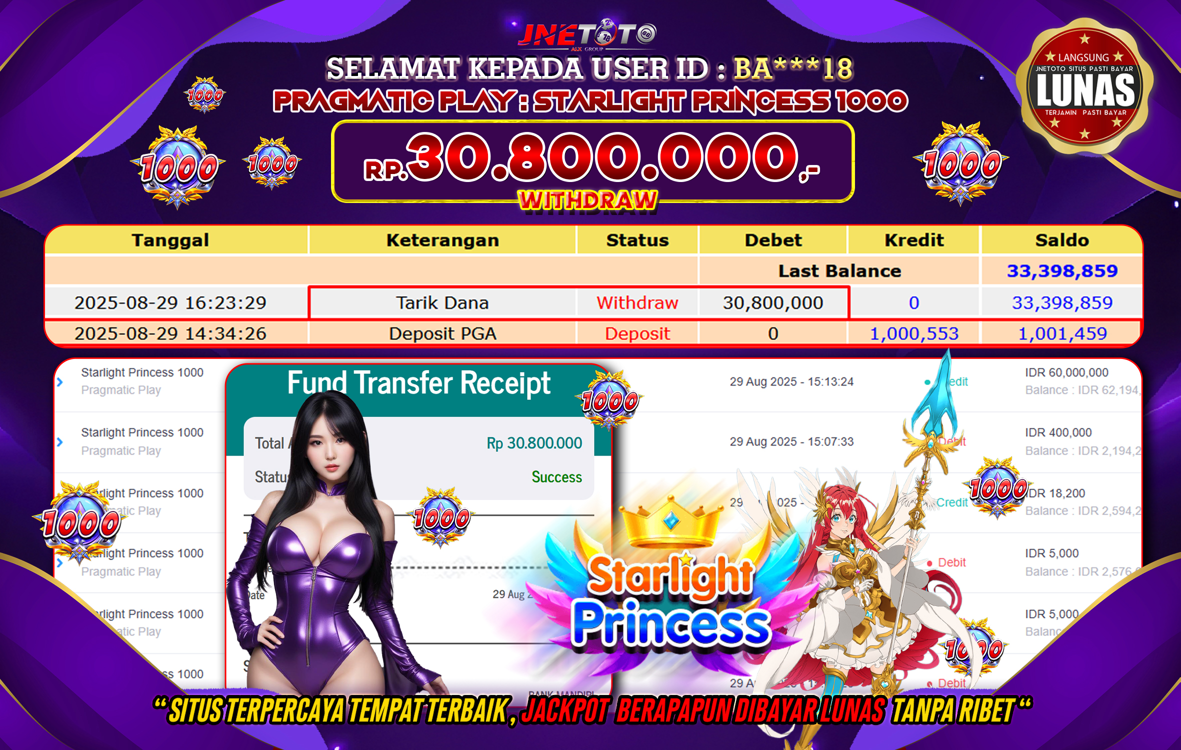 Bukti Jackpot JNETOTO di PRAGMATIG PLAY : Starlight Princes 1000, 30.800.000 LUNAS