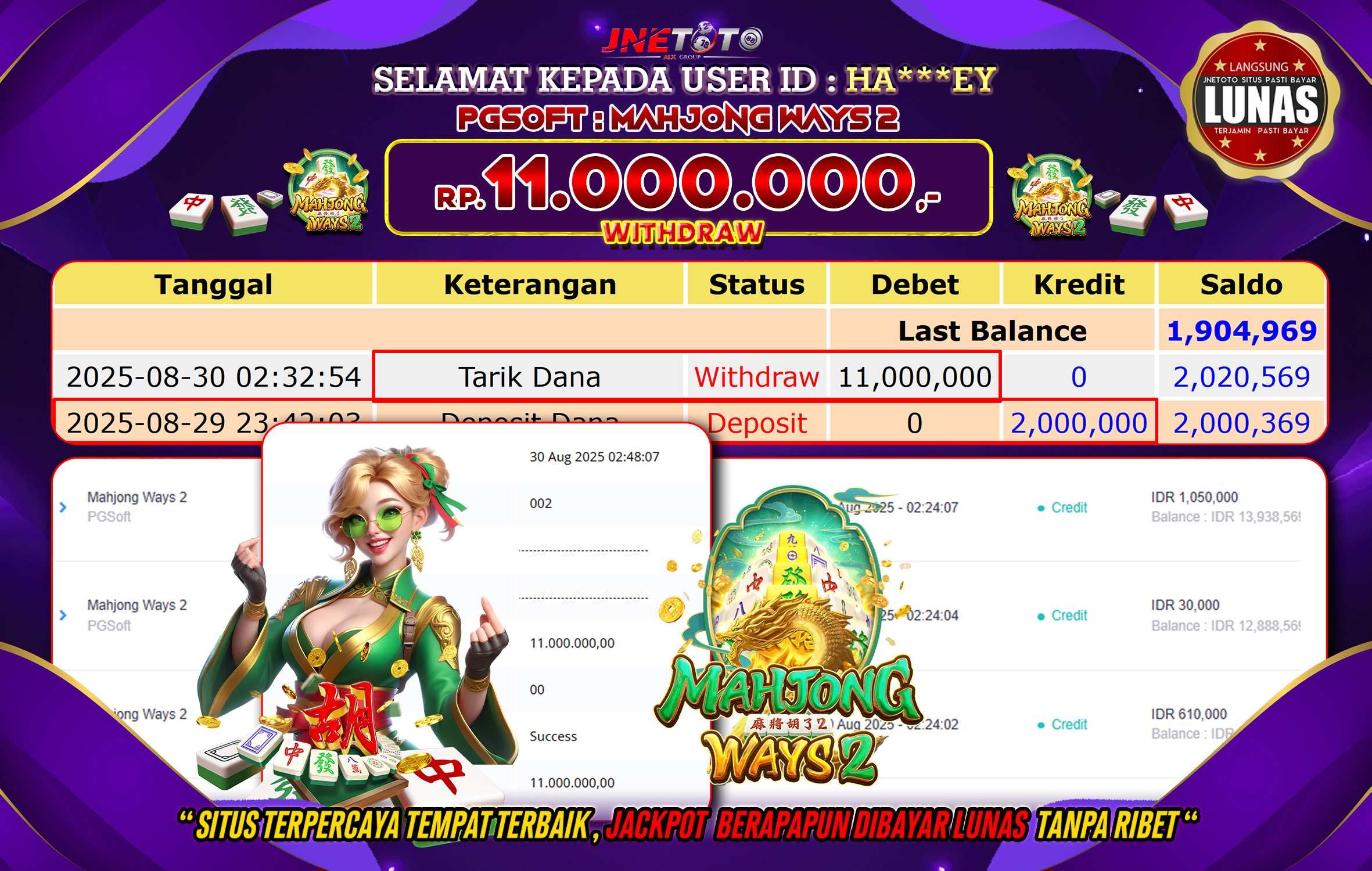 Bukti Jackpot JNETOTO di  PG Soft : Mahjong Ways ( 2 ) 11.000.000 LUNAS!