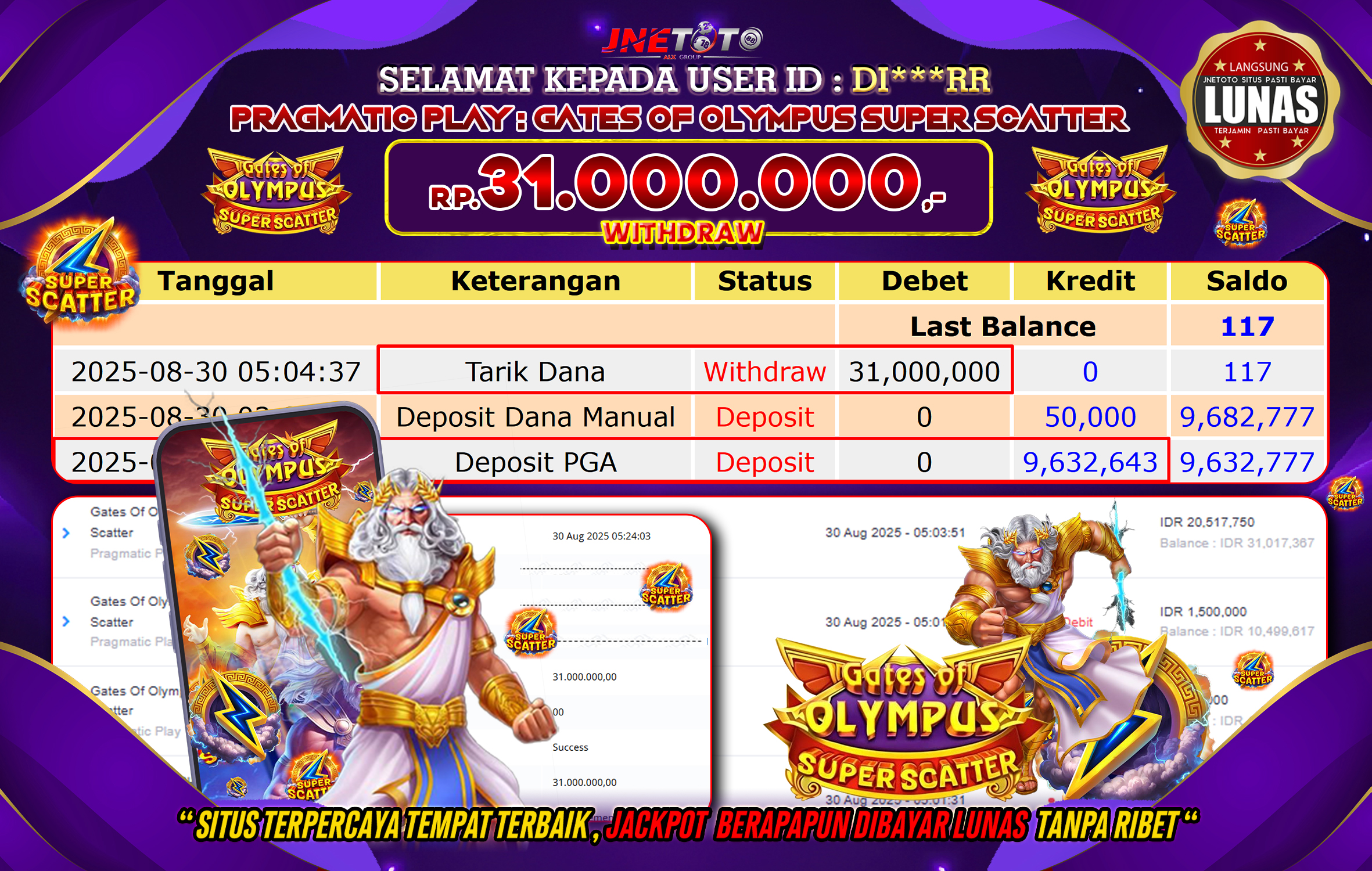 Bukti Jackpot JNETOTO di PRAGMATIG PLAY : Gates Of Olympus ( Super Scatter ) 31.000.000 LUNAS!