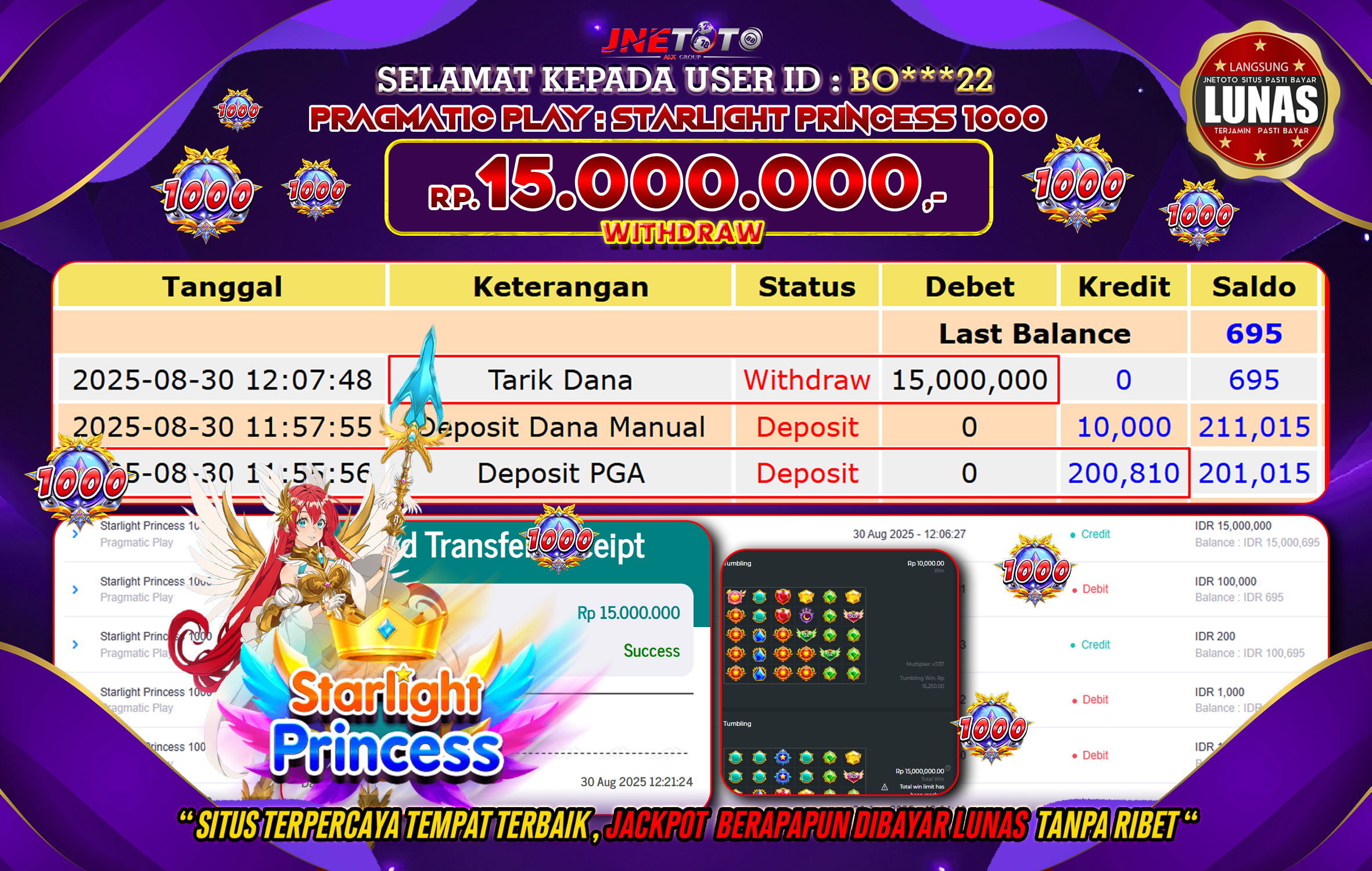 Bukti Jackpot JNETOTO di PRAGMATIG PLAY : Starlight Princes 1000, 15.000.000 LUNAS