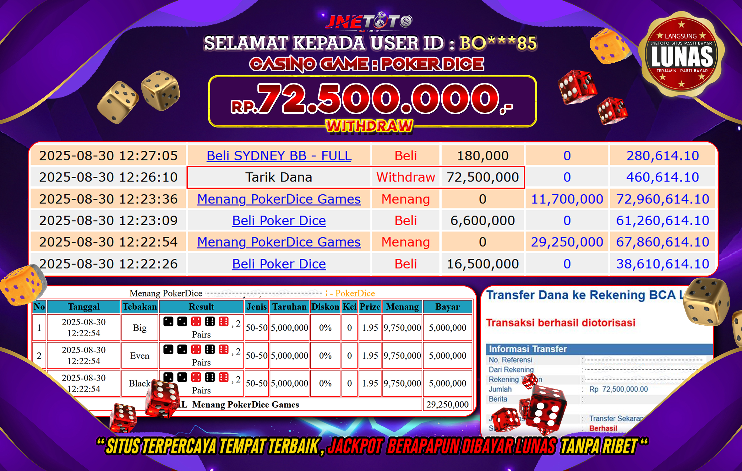 Bukti Jackpot JNETOTO di CASINO GAME : Poker Dice 72.500.000 LUNAS!