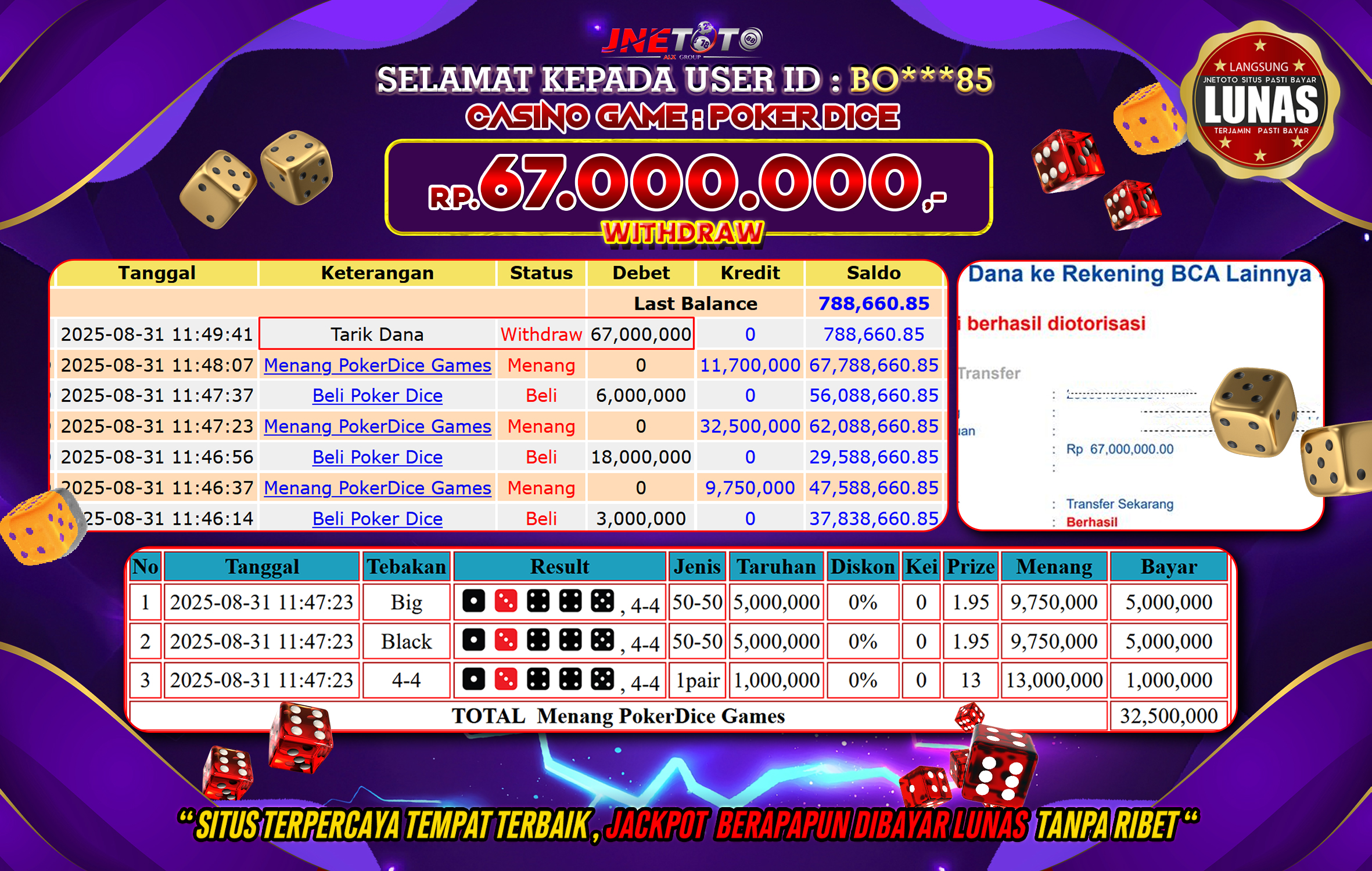 Bukti Jackpot JNETOTO di CASINO GAME : Poker Dice 67.000.000 LUNAS!